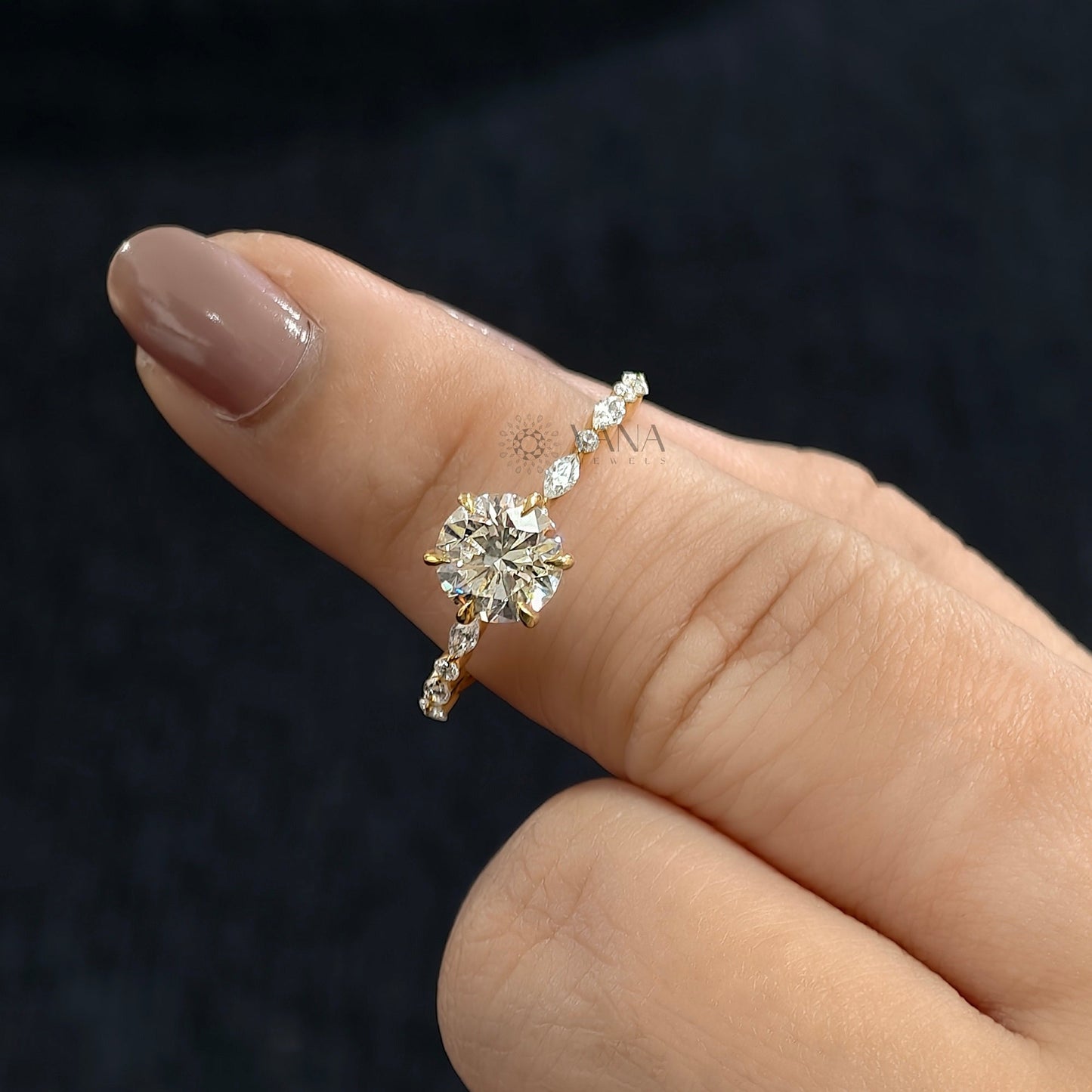 Six Claw Prong Set Round Moissanite Engagement Ring with Marquise and Round Side Stones