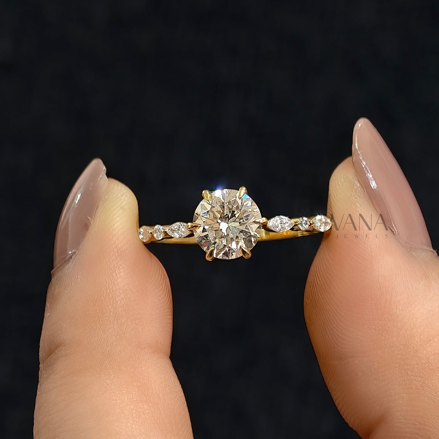 Six Claw Prong Set Round Moissanite Engagement Ring with Marquise and Round Side Stones