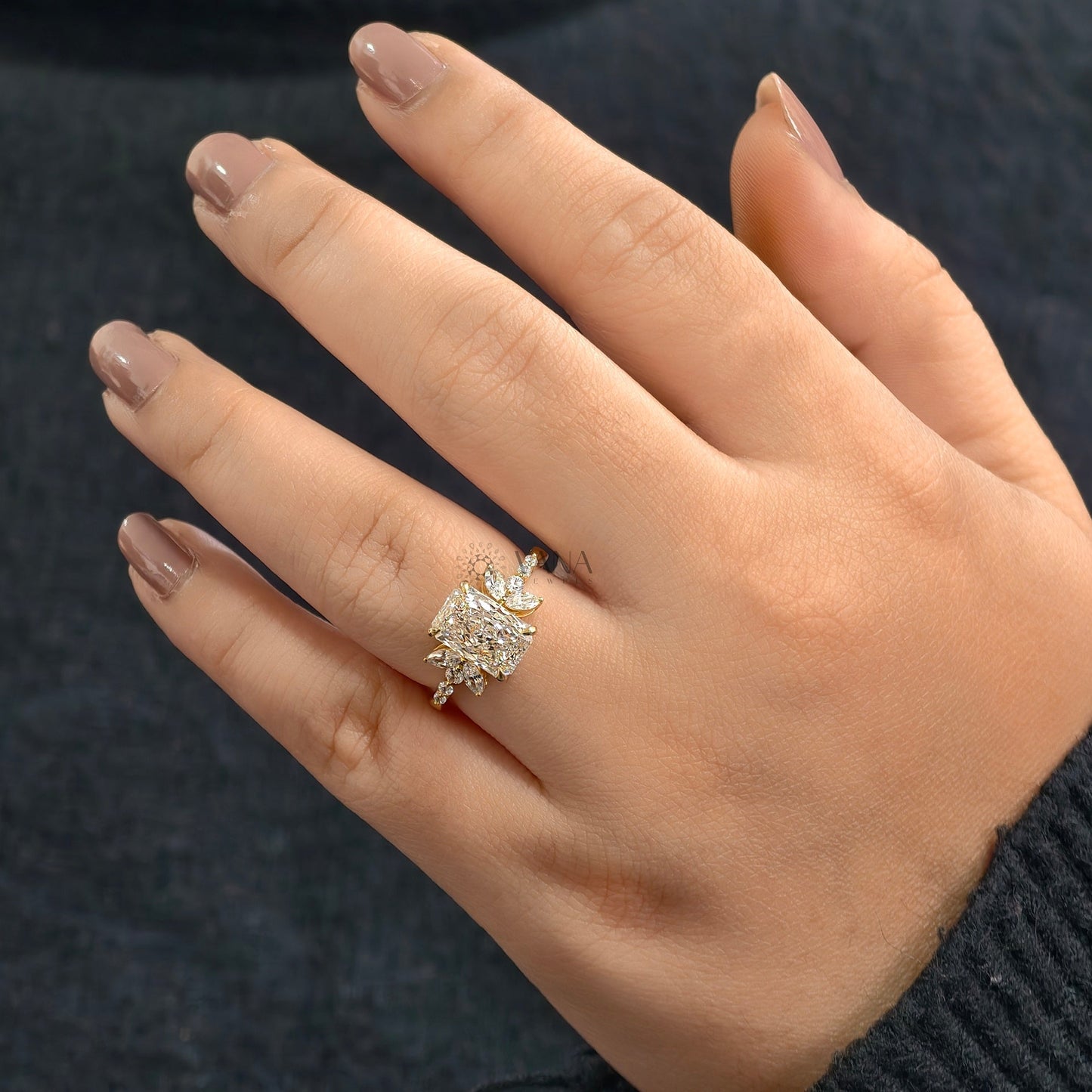 Radiant Cut Moissanite Engagement Ring with Floral Marquise Design in Yellow Gold