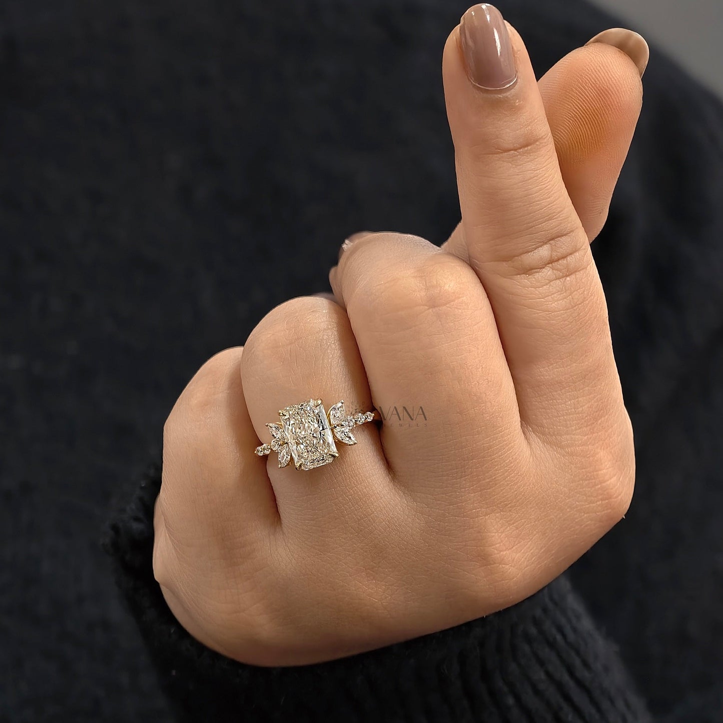 Radiant Cut Moissanite Engagement Ring with Floral Marquise Design in Yellow Gold