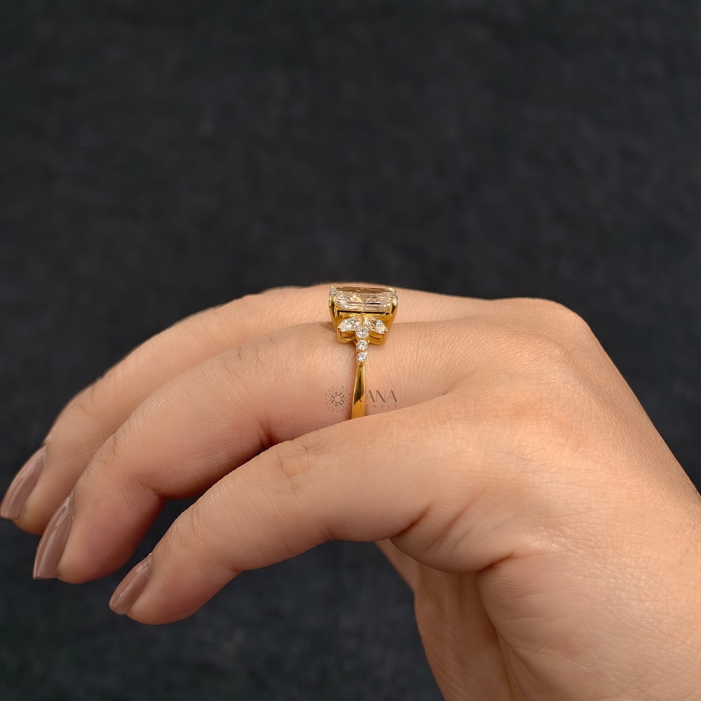 Radiant Cut Moissanite Engagement Ring with Floral Marquise Design in Yellow Gold