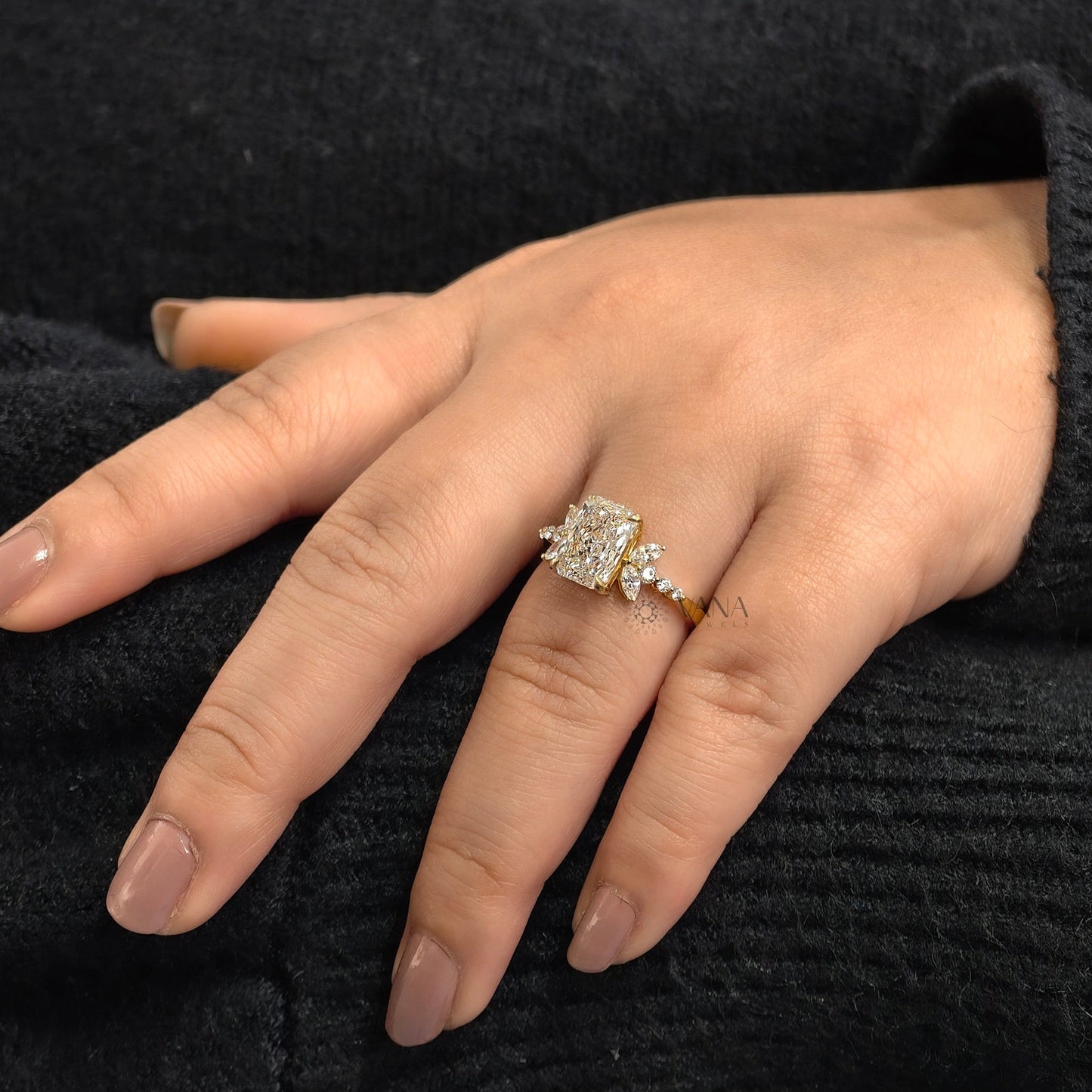 Radiant Cut Moissanite Engagement Ring with Floral Marquise Design in Yellow Gold