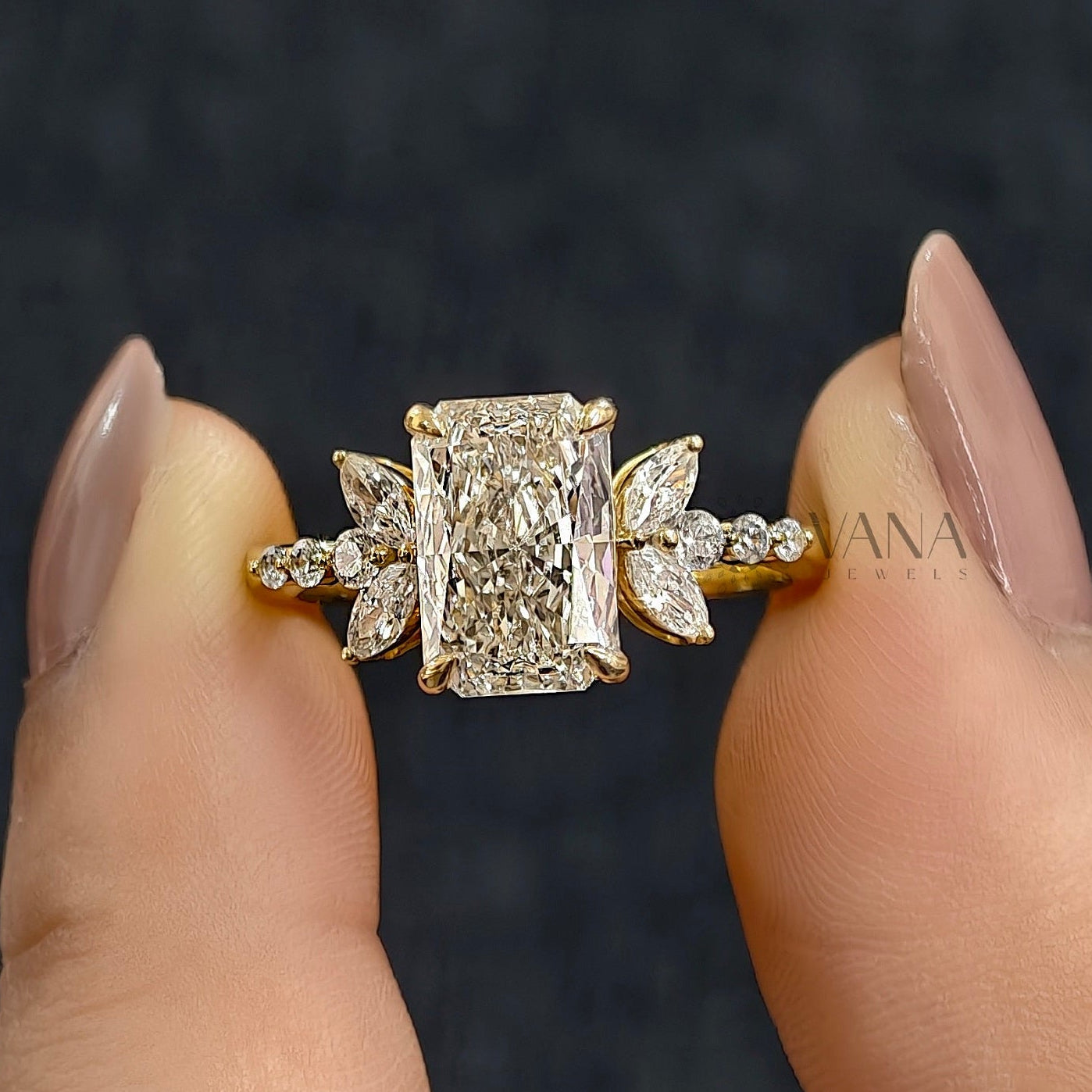 Radiant Cut Moissanite Engagement Ring with Floral Marquise Design in Yellow Gold