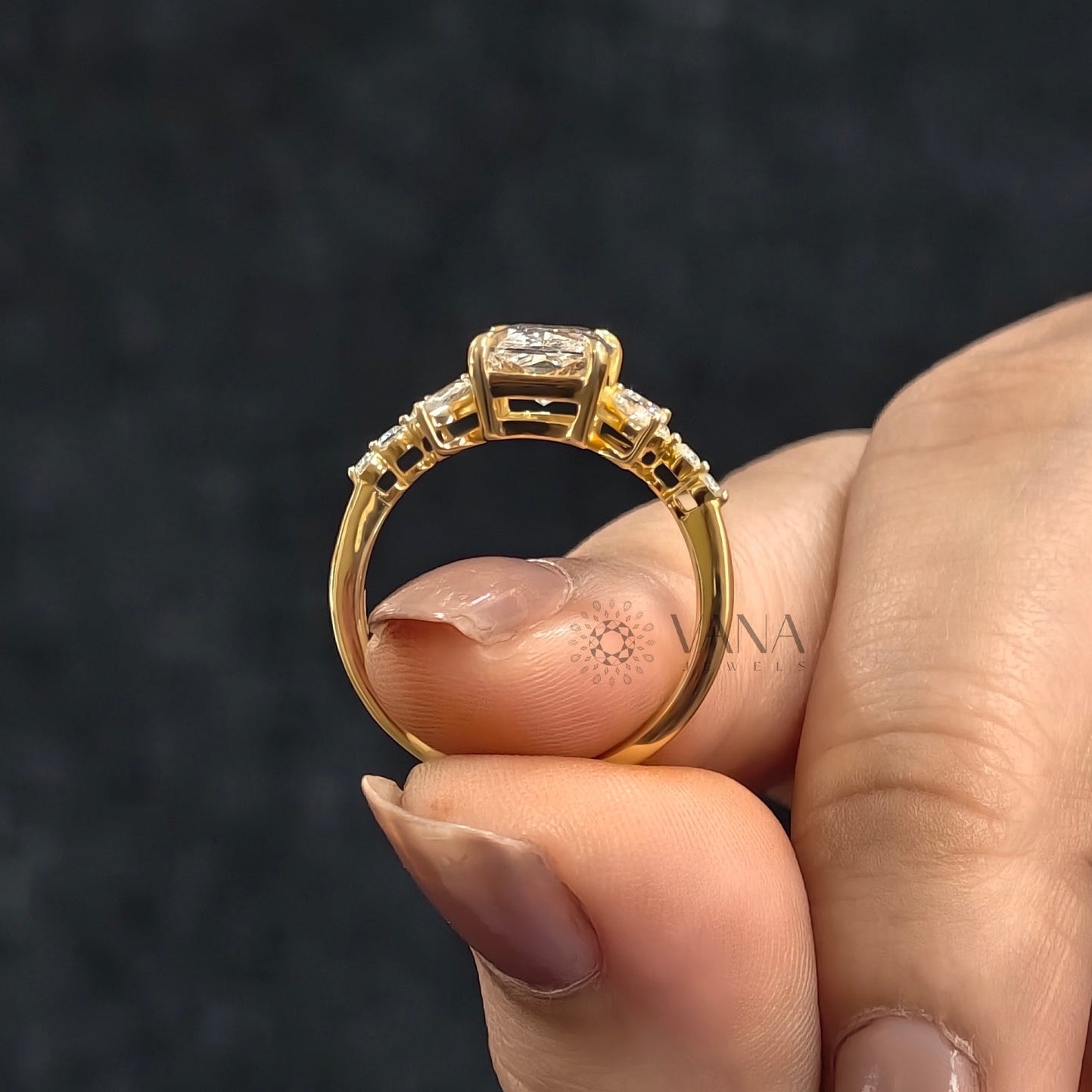 Radiant Cut Moissanite Engagement Ring with Floral Marquise Design in Yellow Gold