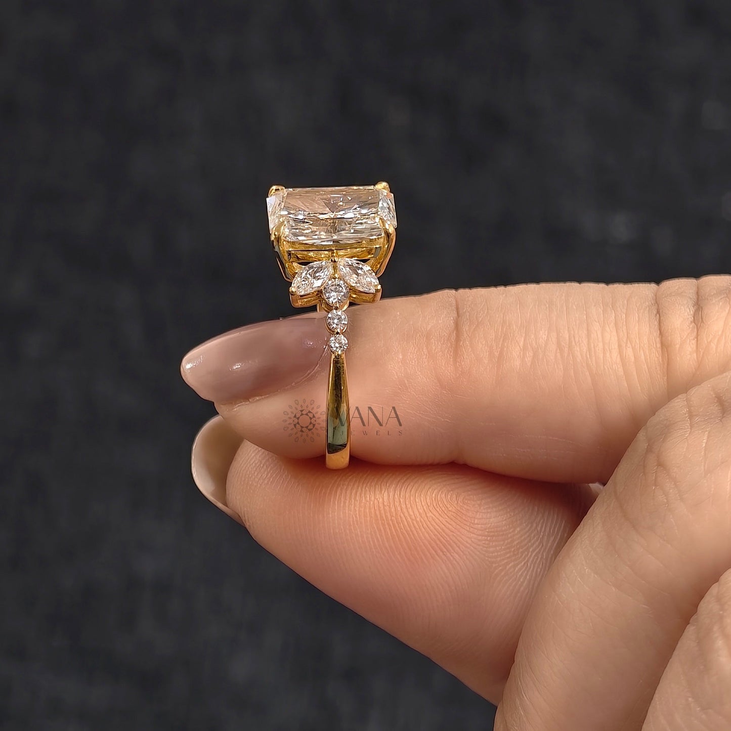 Radiant Cut Moissanite Engagement Ring with Floral Marquise Design in Yellow Gold
