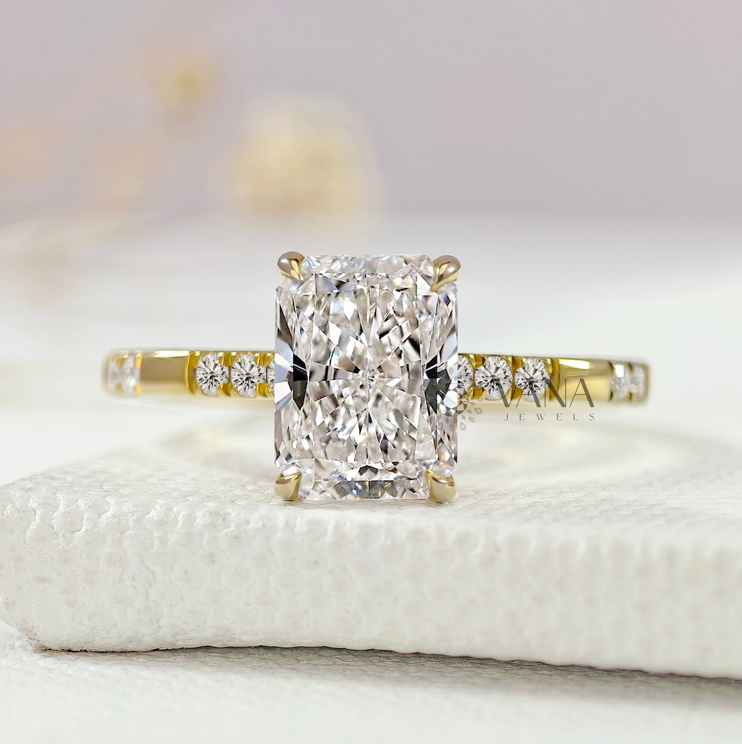 Radiant Cut Lab-Grown Diamond Engagement Ring with Hidden Halo & Distance Pave Setting