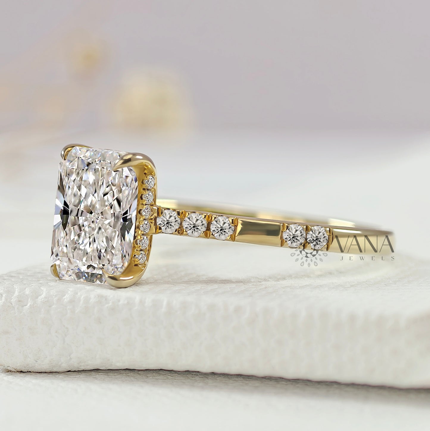 Radiant Cut Lab-Grown Diamond Engagement Ring with Hidden Halo & Distance Pave Setting
