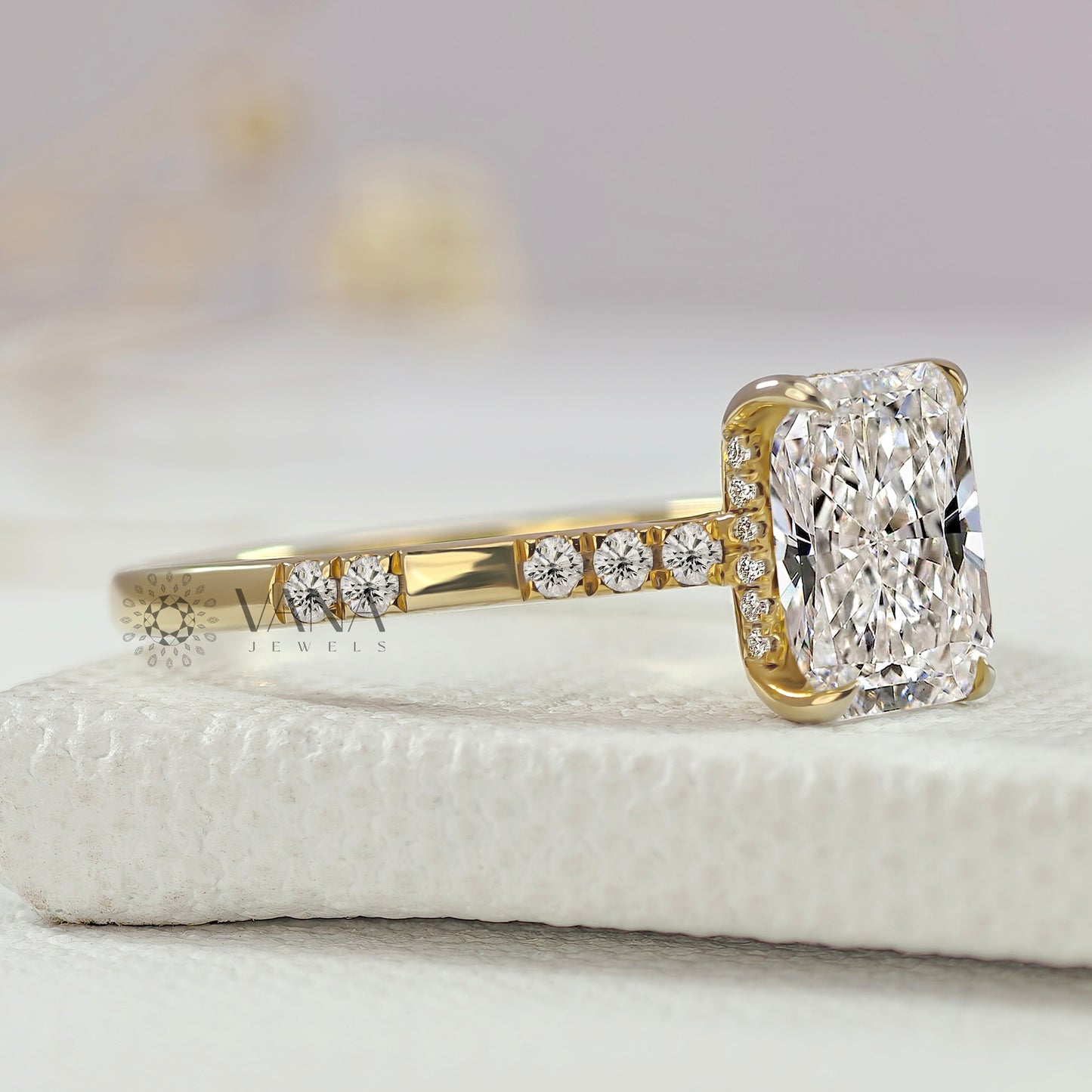 Radiant Cut Lab-Grown Diamond Engagement Ring with Hidden Halo & Distance Pave Setting