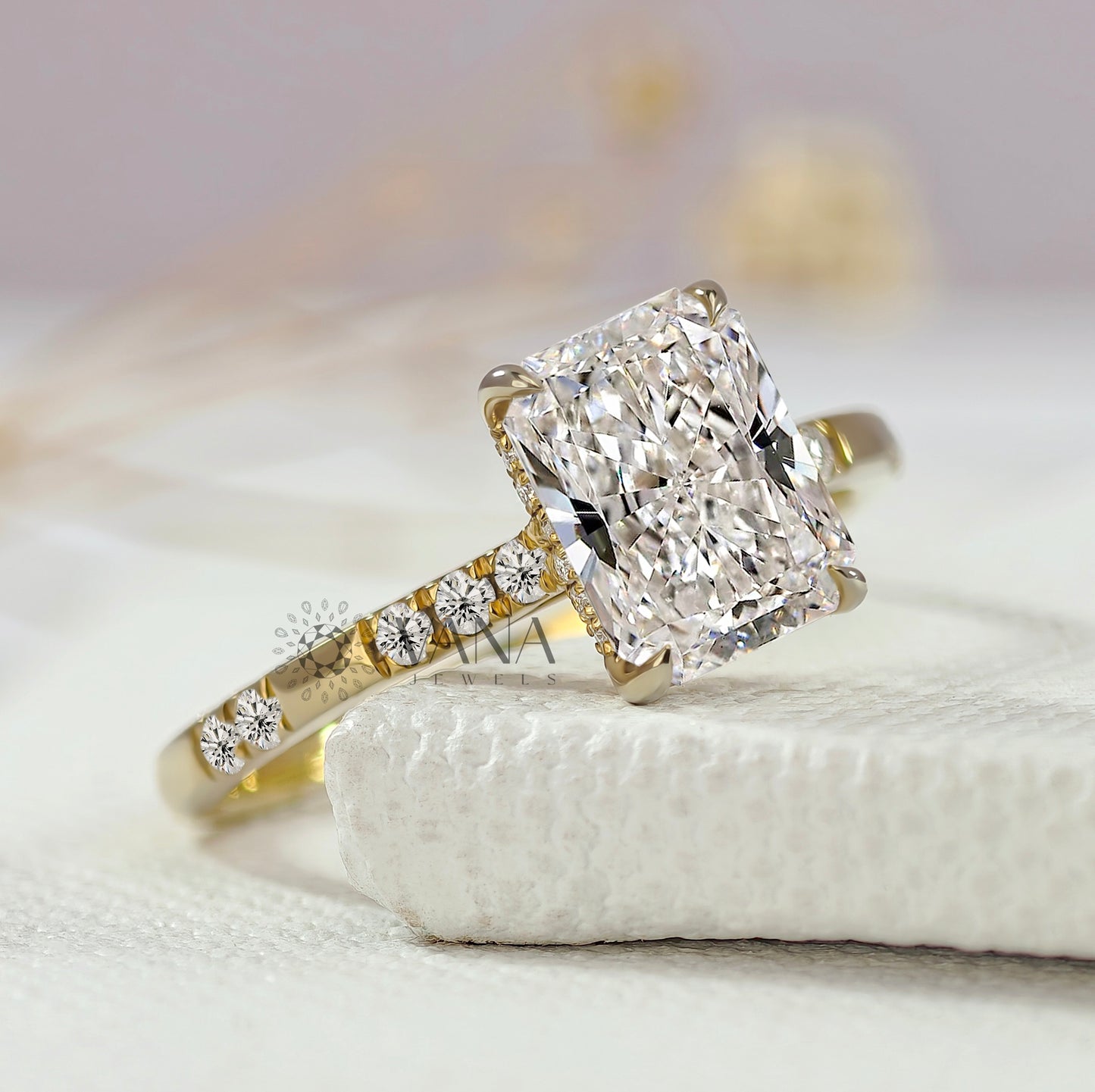 Radiant Cut Lab-Grown Diamond Engagement Ring with Hidden Halo & Distance Pave Setting