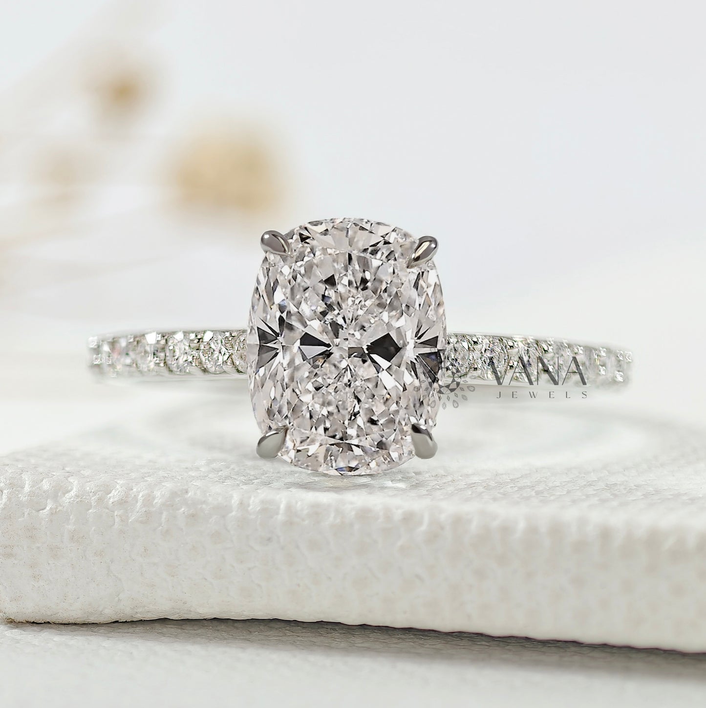 Elongated Cushion Cut Lab-Grown Diamond Engagement Ring with Hidden Halo