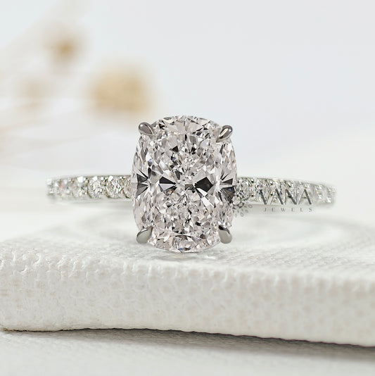 Elongated Cushion Cut Lab-Grown Diamond Engagement Ring with Hidden Halo