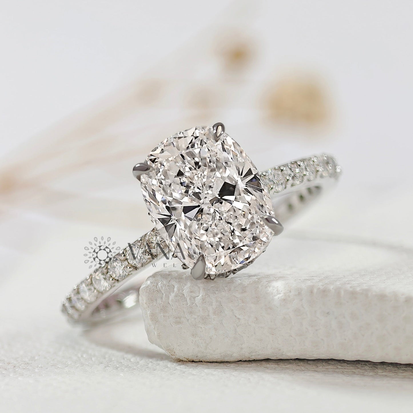 Elongated Cushion Cut Lab-Grown Diamond Engagement Ring with Hidden Halo
