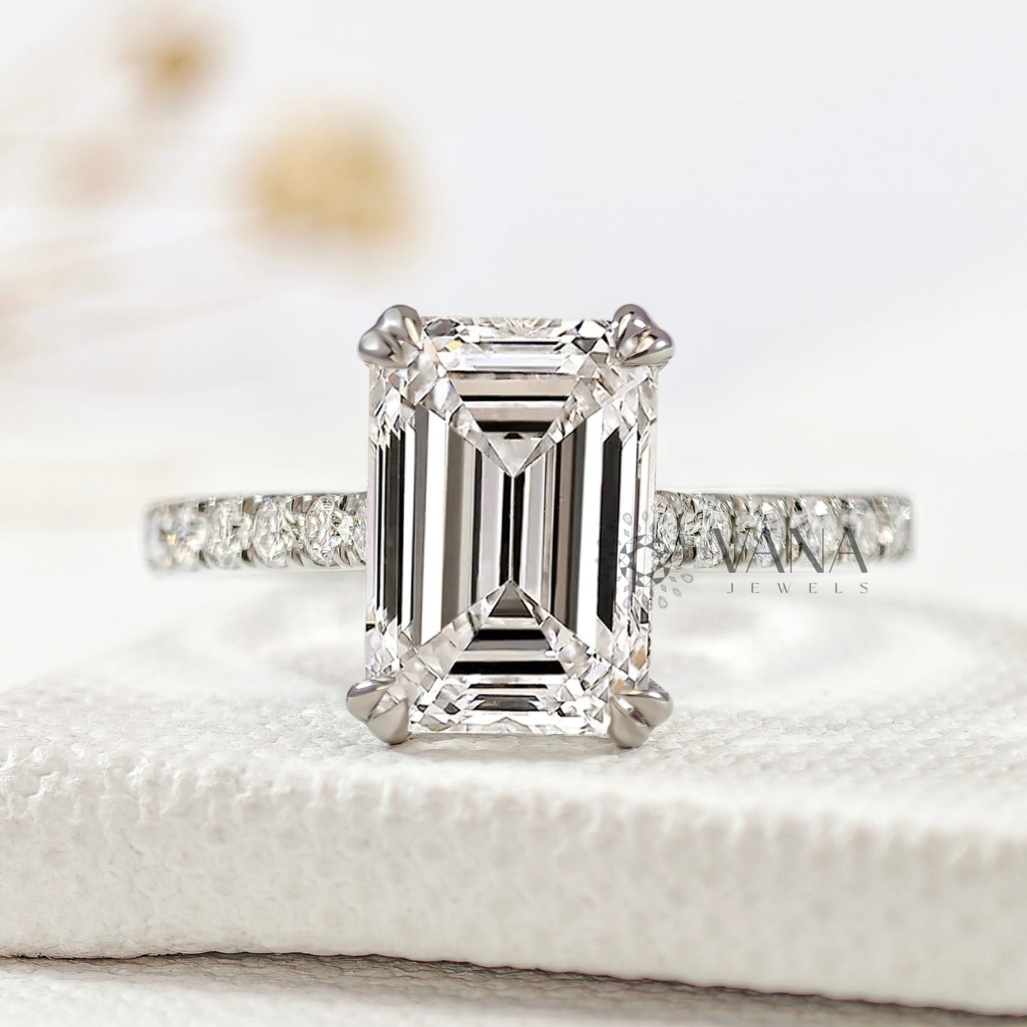 Lab-Grown Emerald Cut Diamond Engagement Ring with Hidden Halo & Pave Setting