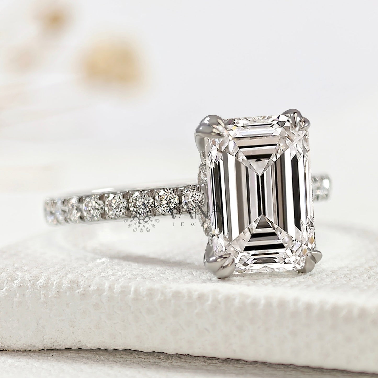 Lab-Grown Emerald Cut Diamond Engagement Ring with Hidden Halo & Pave Setting
