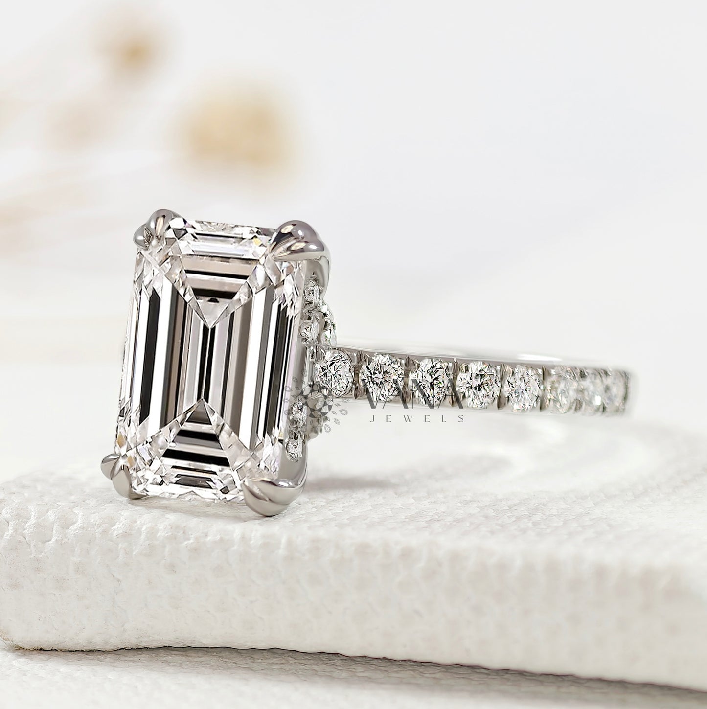 Lab-Grown Emerald Cut Diamond Engagement Ring with Hidden Halo & Pave Setting