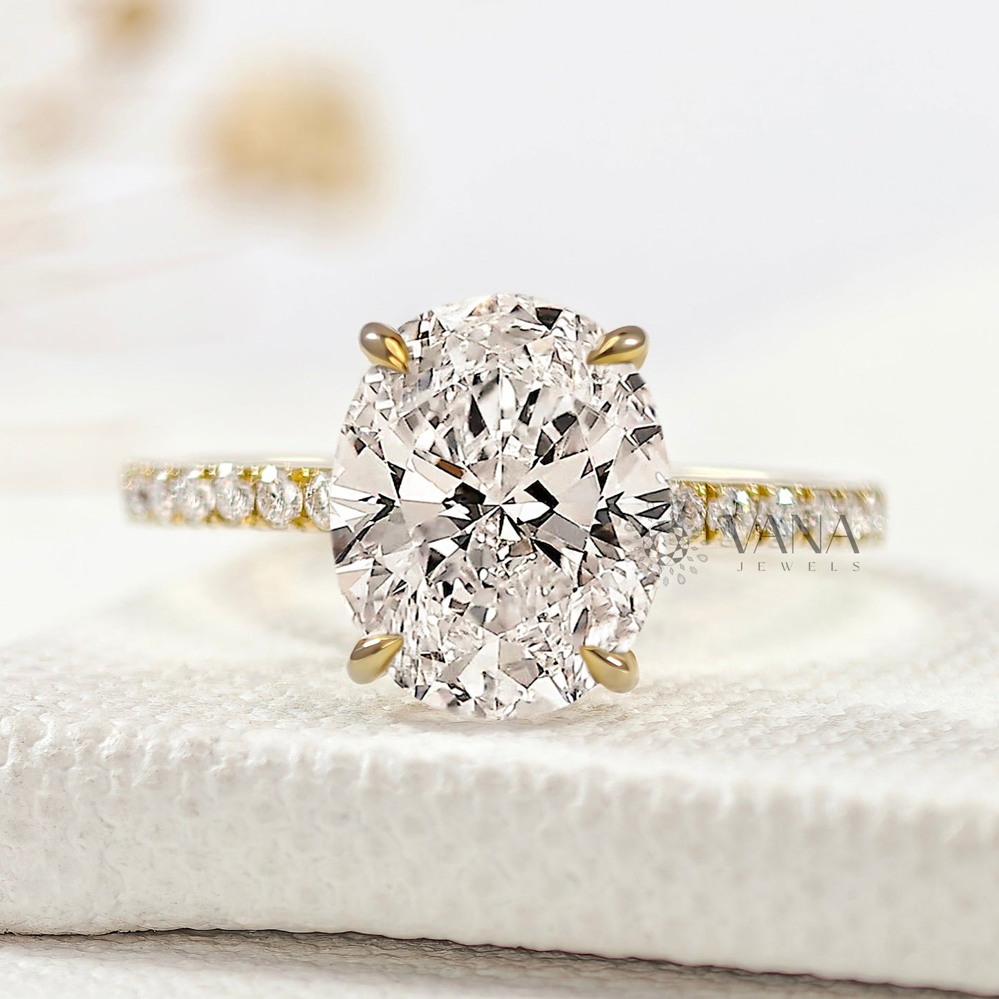 Oval Cut Lab-Grown Diamond Engagement Ring with Hidden Halo and Pave Setting