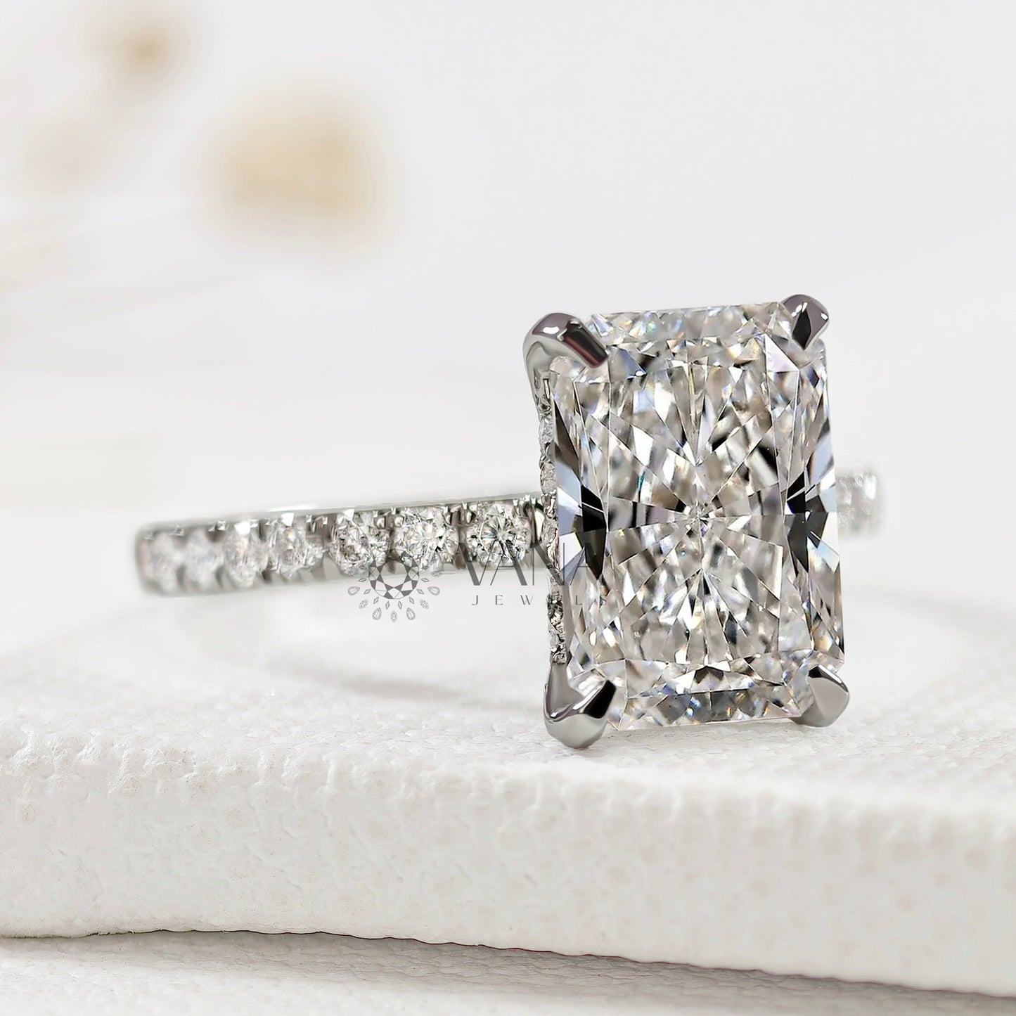 Radiant Cut Hidden Halo Lab Grown Diamond Engagement Ring with Pave Setting