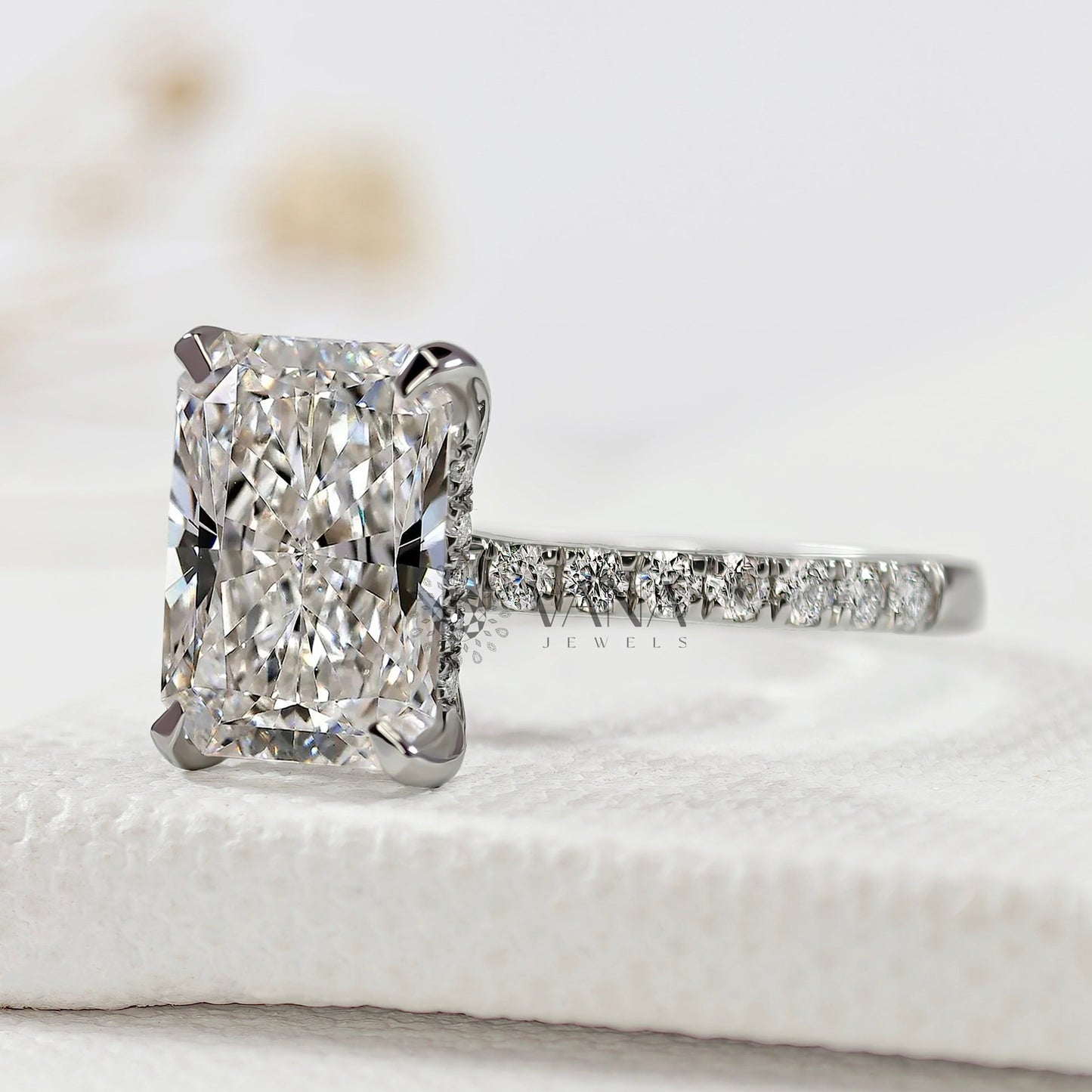 Radiant Cut Hidden Halo Lab Grown Diamond Engagement Ring with Pave Setting