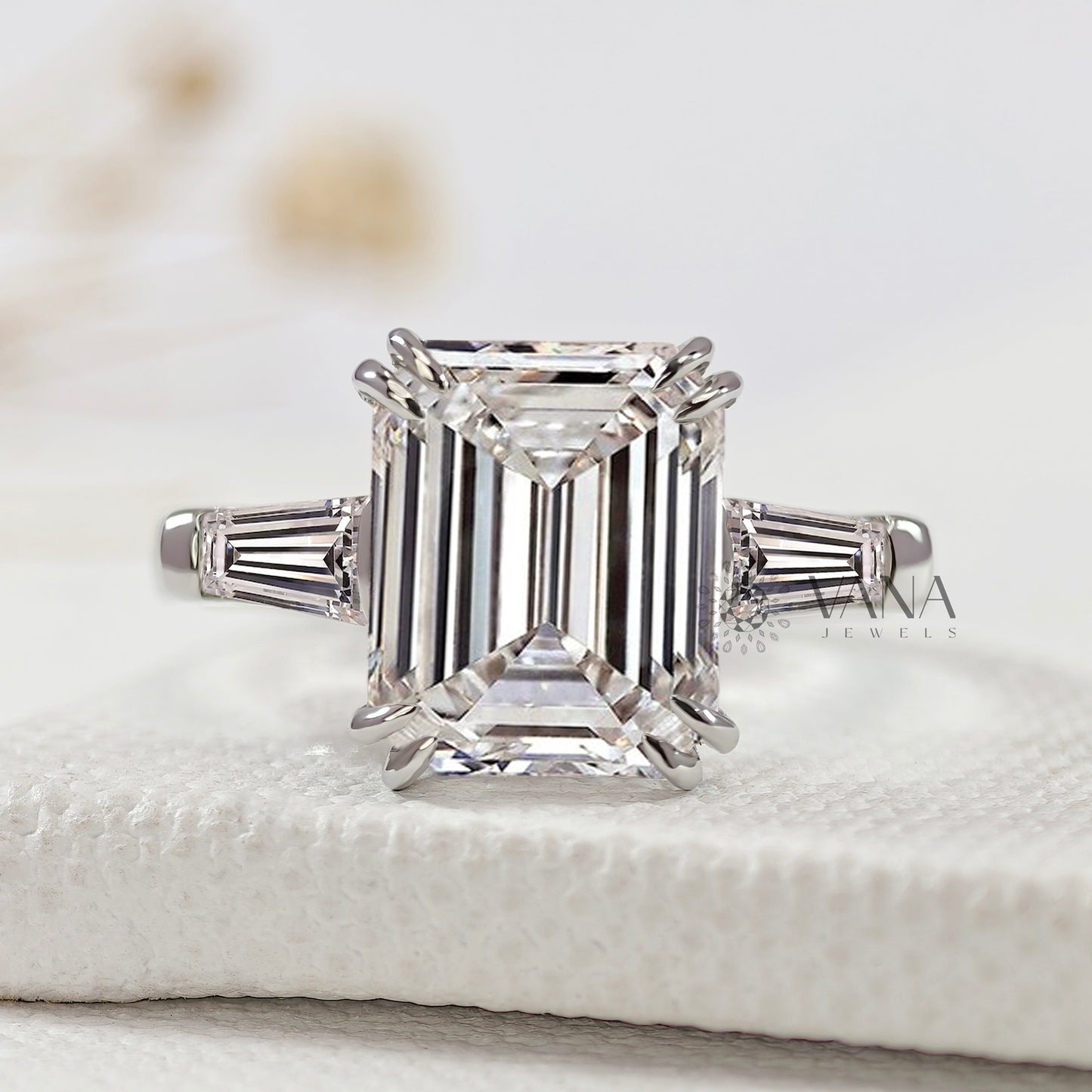 Three Stone Lab-Grown Diamond Engagement Ring with Emerald Cut Center & Tapered Baguette Side