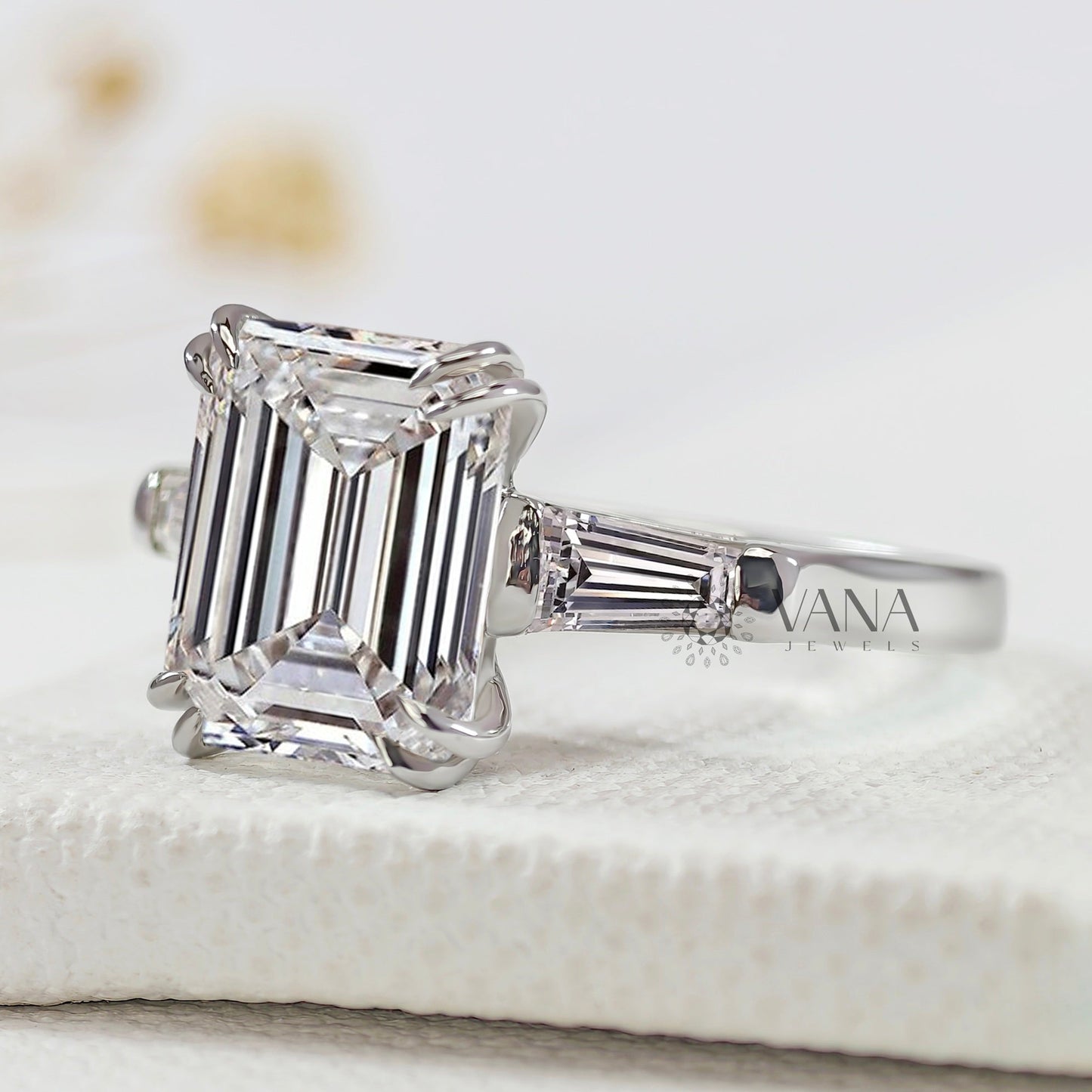 Three Stone Lab-Grown Diamond Engagement Ring with Emerald Cut Center & Tapered Baguette Side