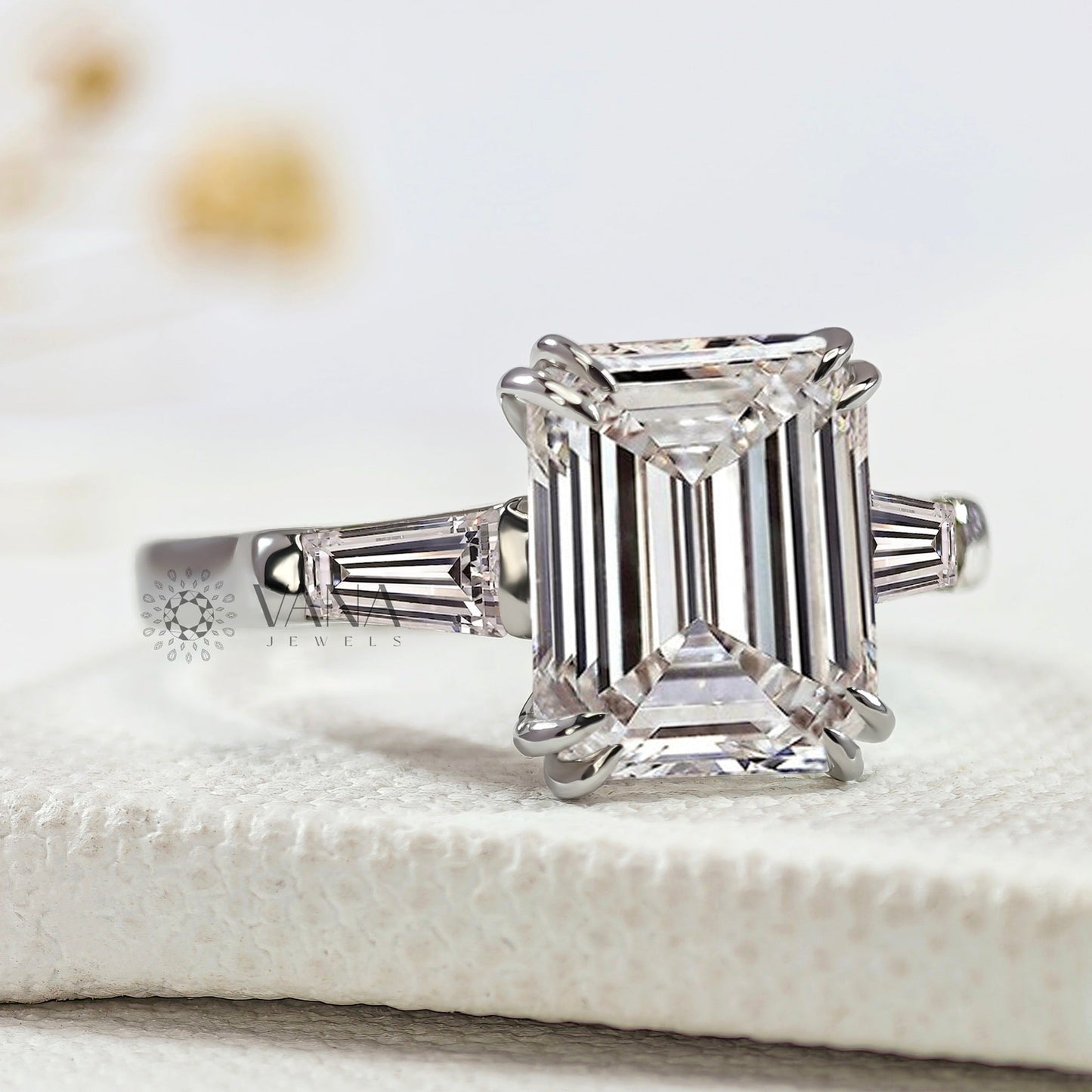 Three Stone Lab-Grown Diamond Engagement Ring with Emerald Cut Center & Tapered Baguette Side