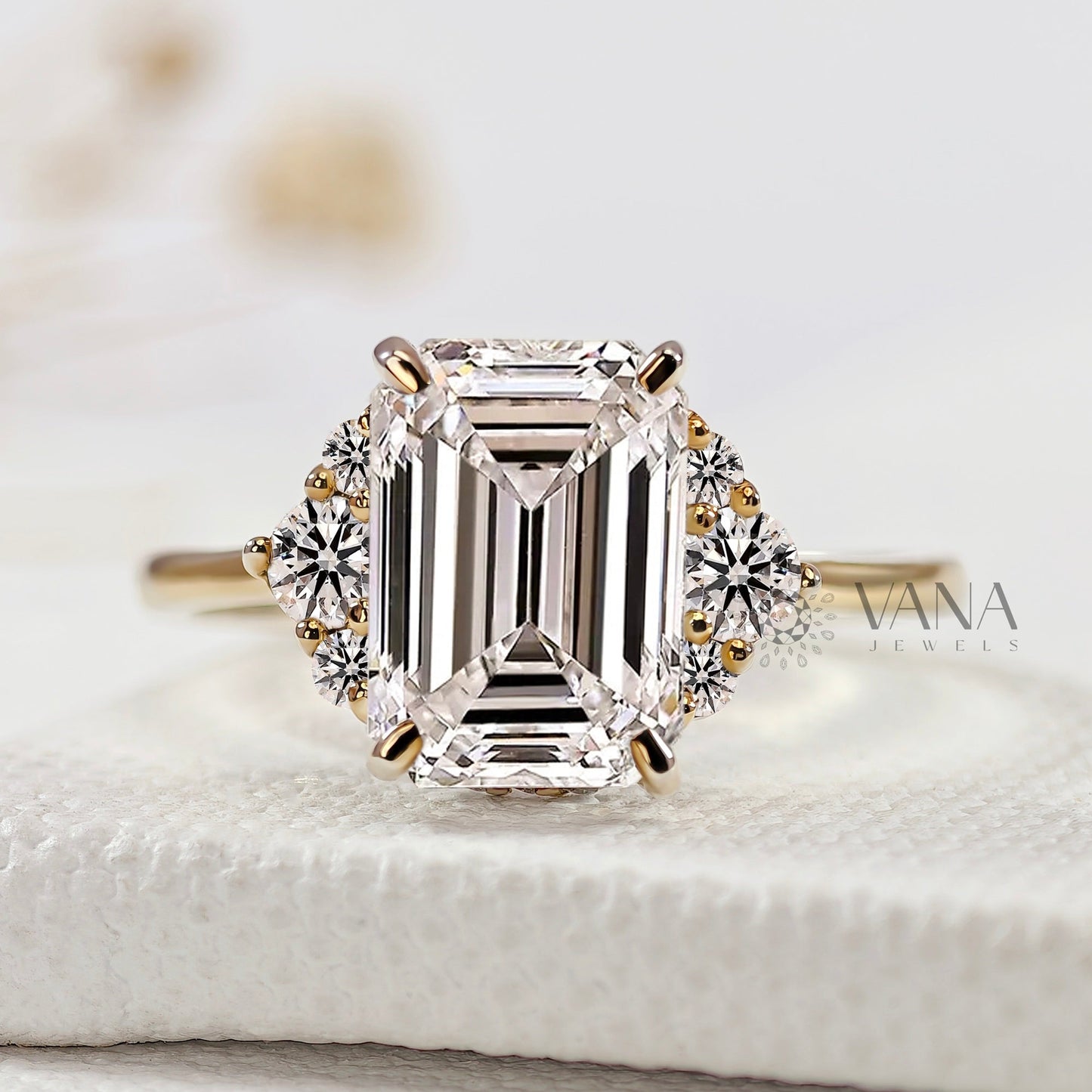 Emerald Cut Lab-Grown Diamond Engagement Ring, Seven Stone Cluster Ring