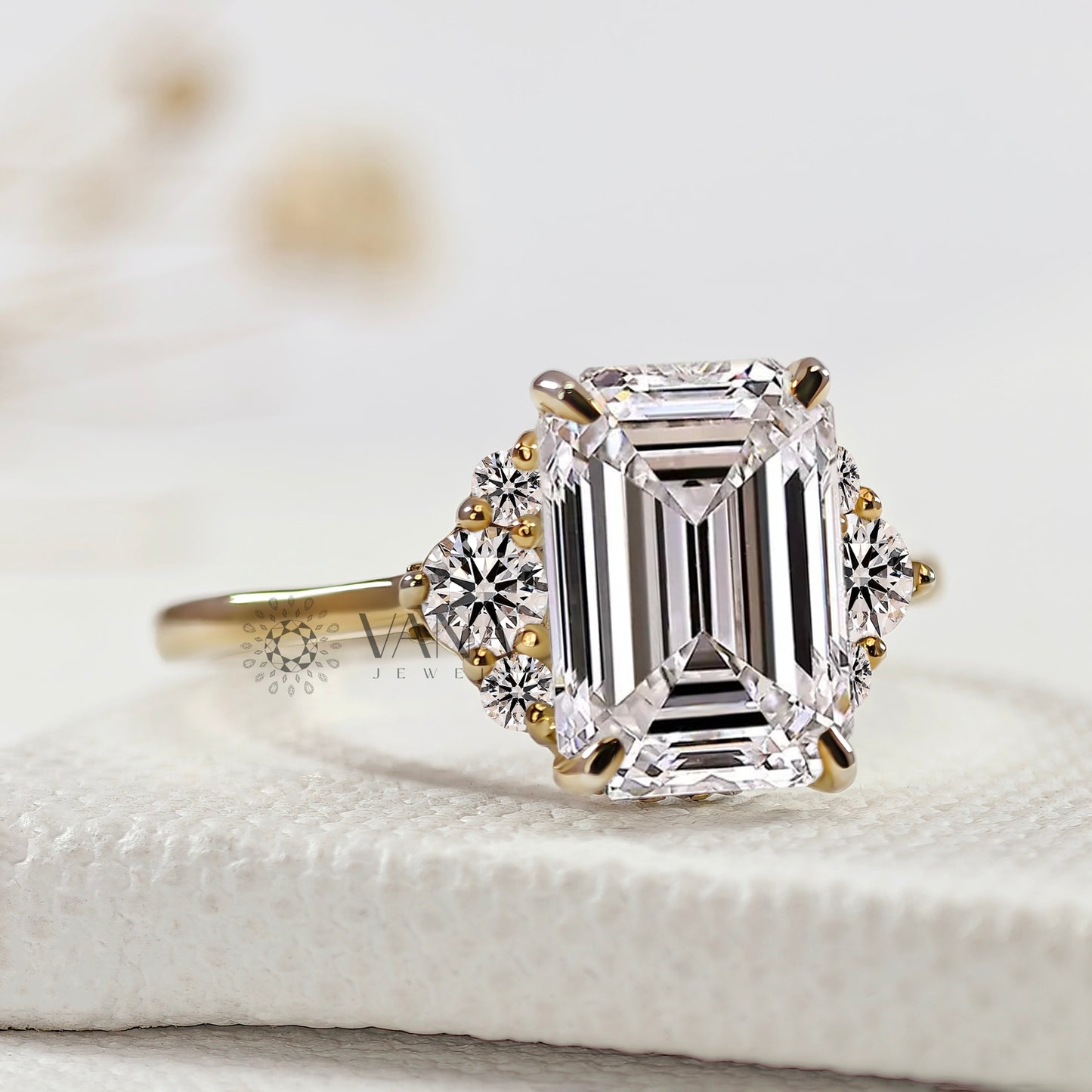 Emerald Cut Lab-Grown Diamond Engagement Ring, Seven Stone Cluster Ring