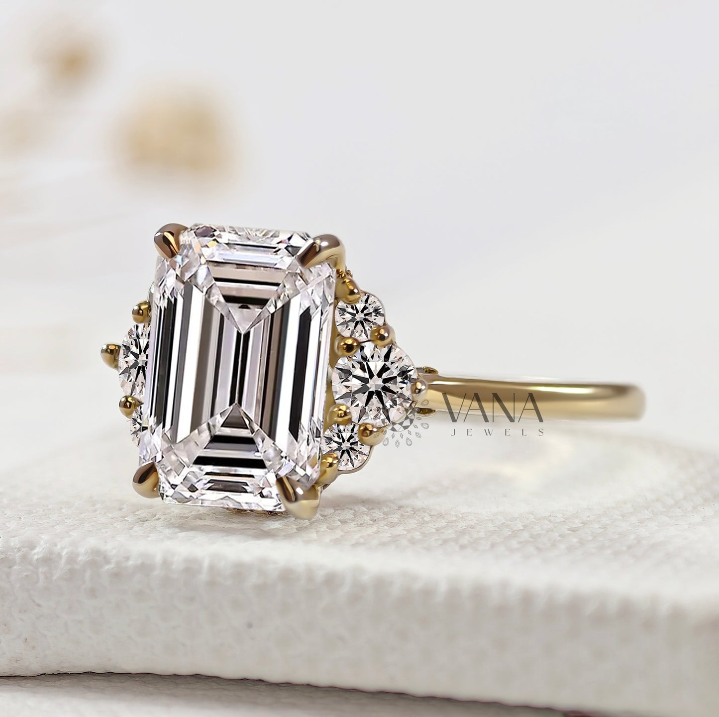 Emerald Cut Lab-Grown Diamond Engagement Ring, Seven Stone Cluster Ring