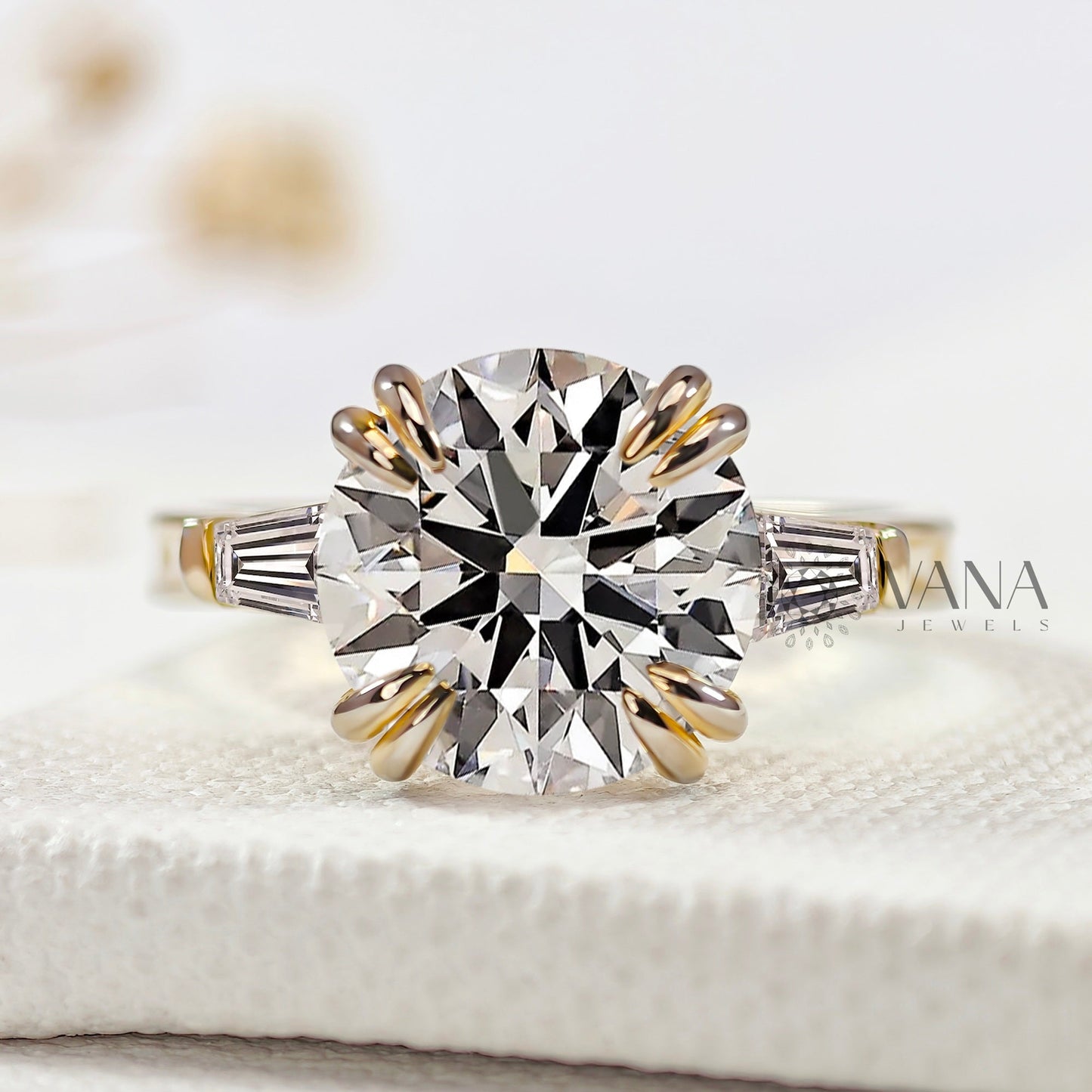 Round Lab-Grown Diamond Three Stone Engagement Ring with Tapered Baguette Sides