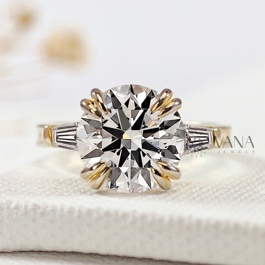 Round Lab-Grown Diamond Three Stone Engagement Ring with Tapered Baguette Sides