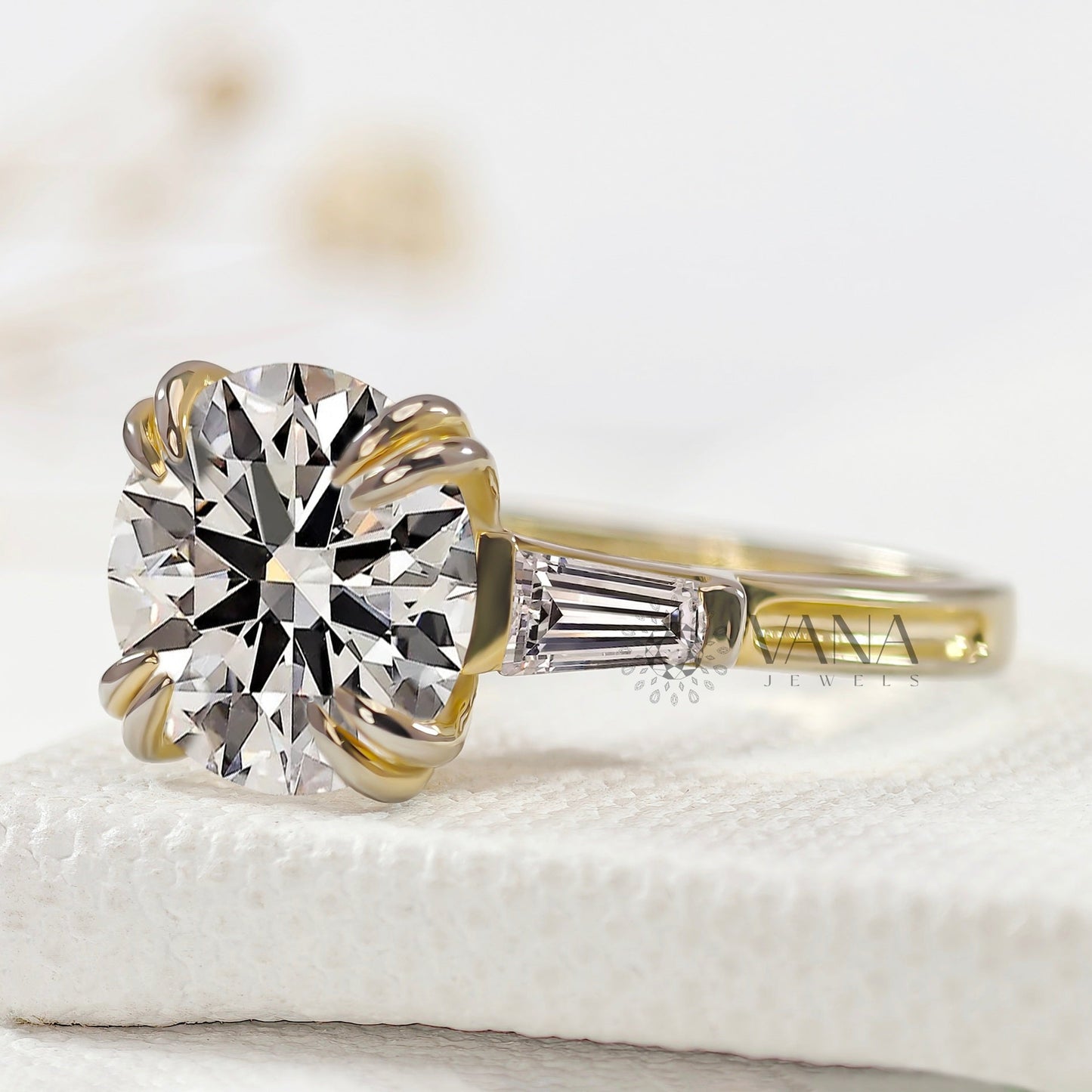 Round Lab-Grown Diamond Three Stone Engagement Ring with Tapered Baguette Sides