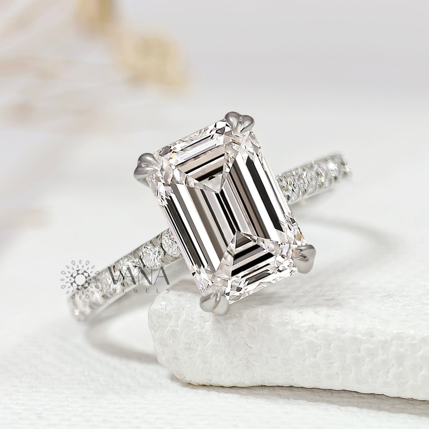 Lab-Grown Emerald Cut Diamond Engagement Ring with Hidden Halo & Pave Setting