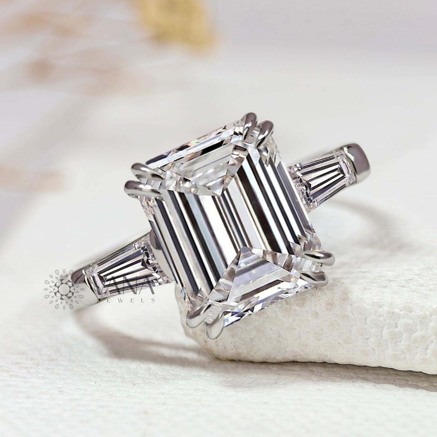 Three Stone Lab-Grown Diamond Engagement Ring with Emerald Cut Center & Tapered Baguette Side
