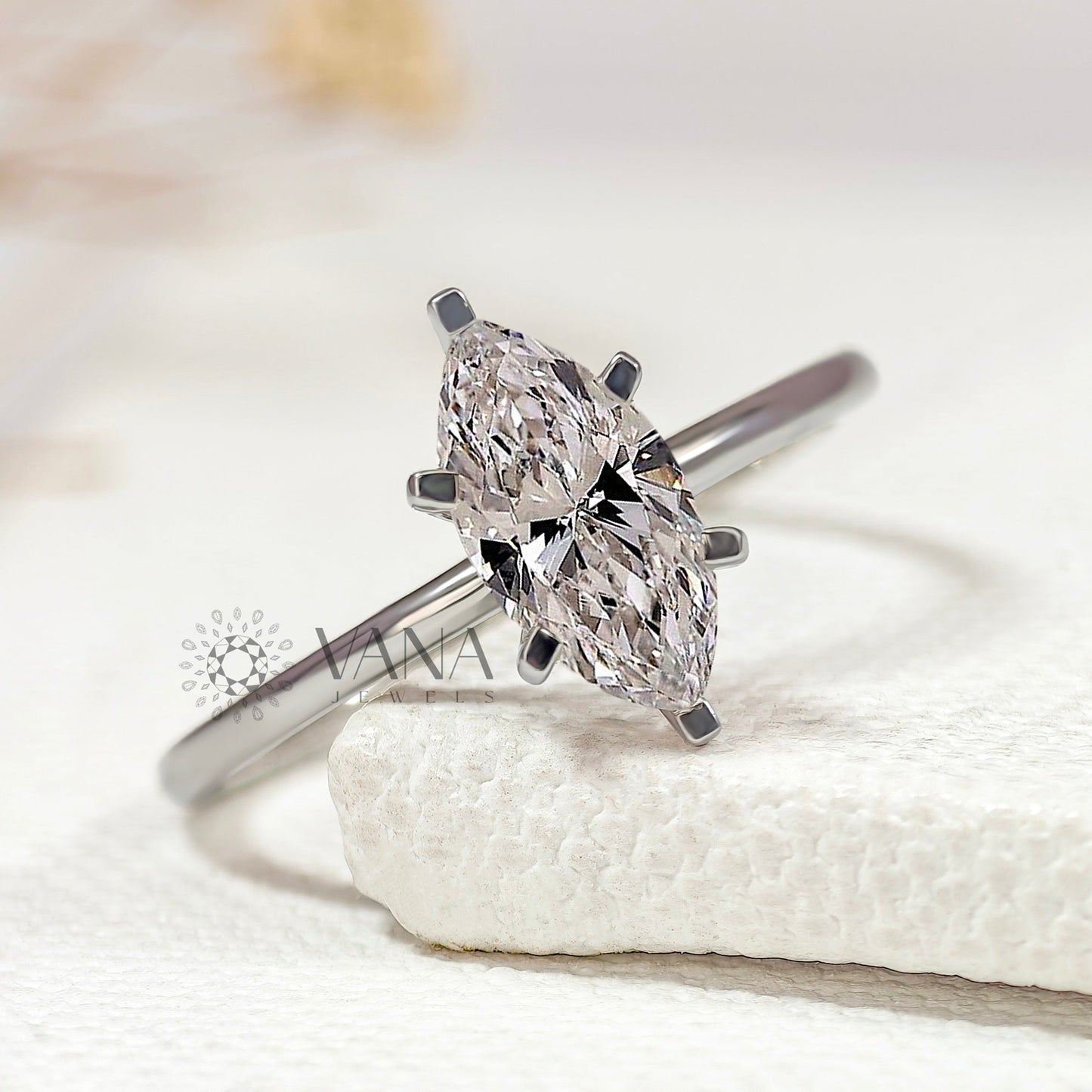 Marquise Cut Lab Diamond Solitaire Ring, White Gold Engagement Proposal Ring for Her