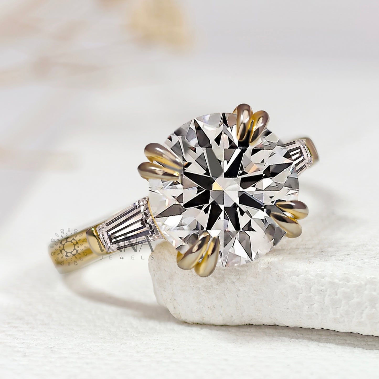 Round Lab-Grown Diamond Three Stone Engagement Ring with Tapered Baguette Sides