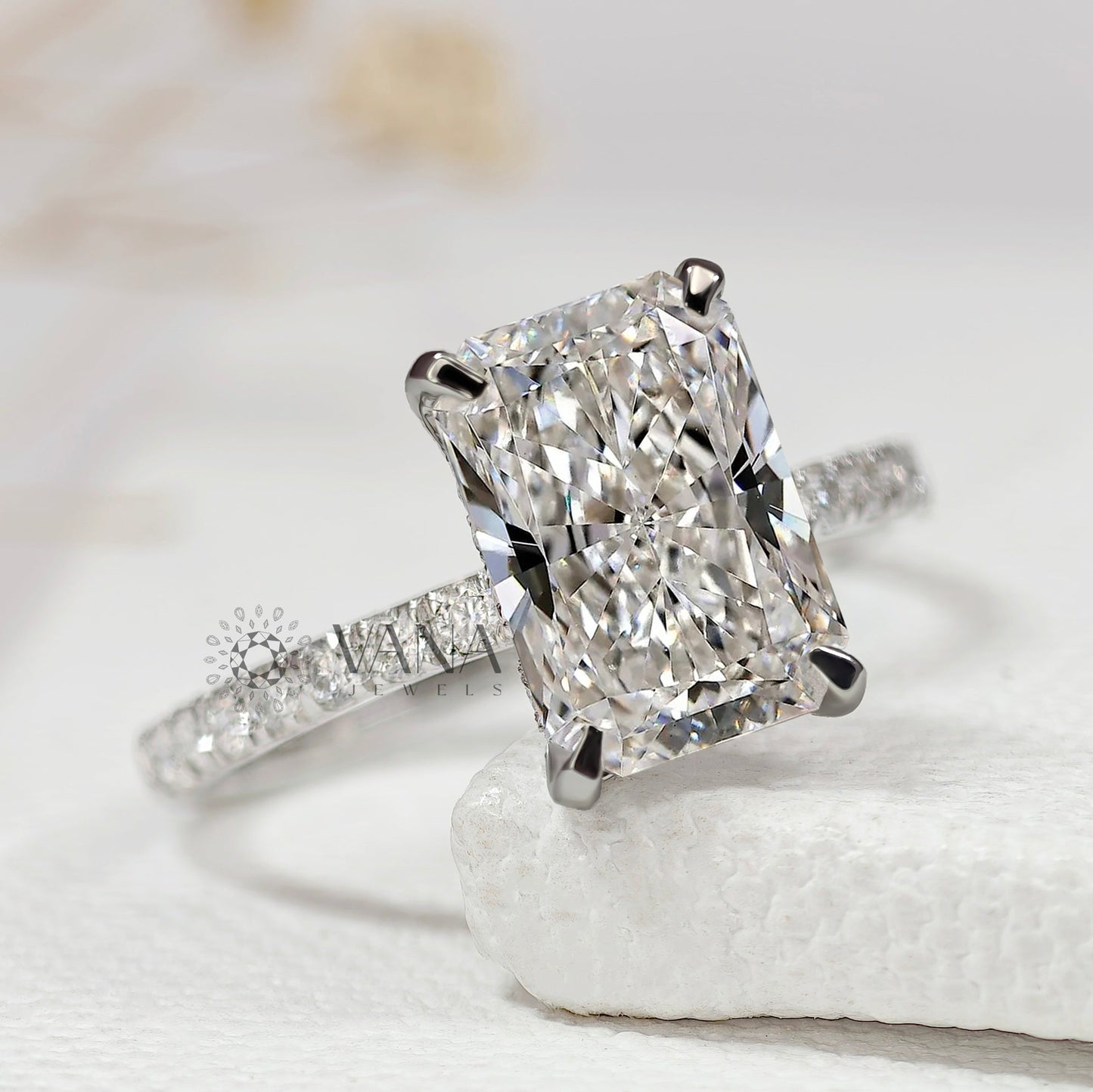 Radiant Cut Hidden Halo Lab Grown Diamond Engagement Ring with Pave Setting