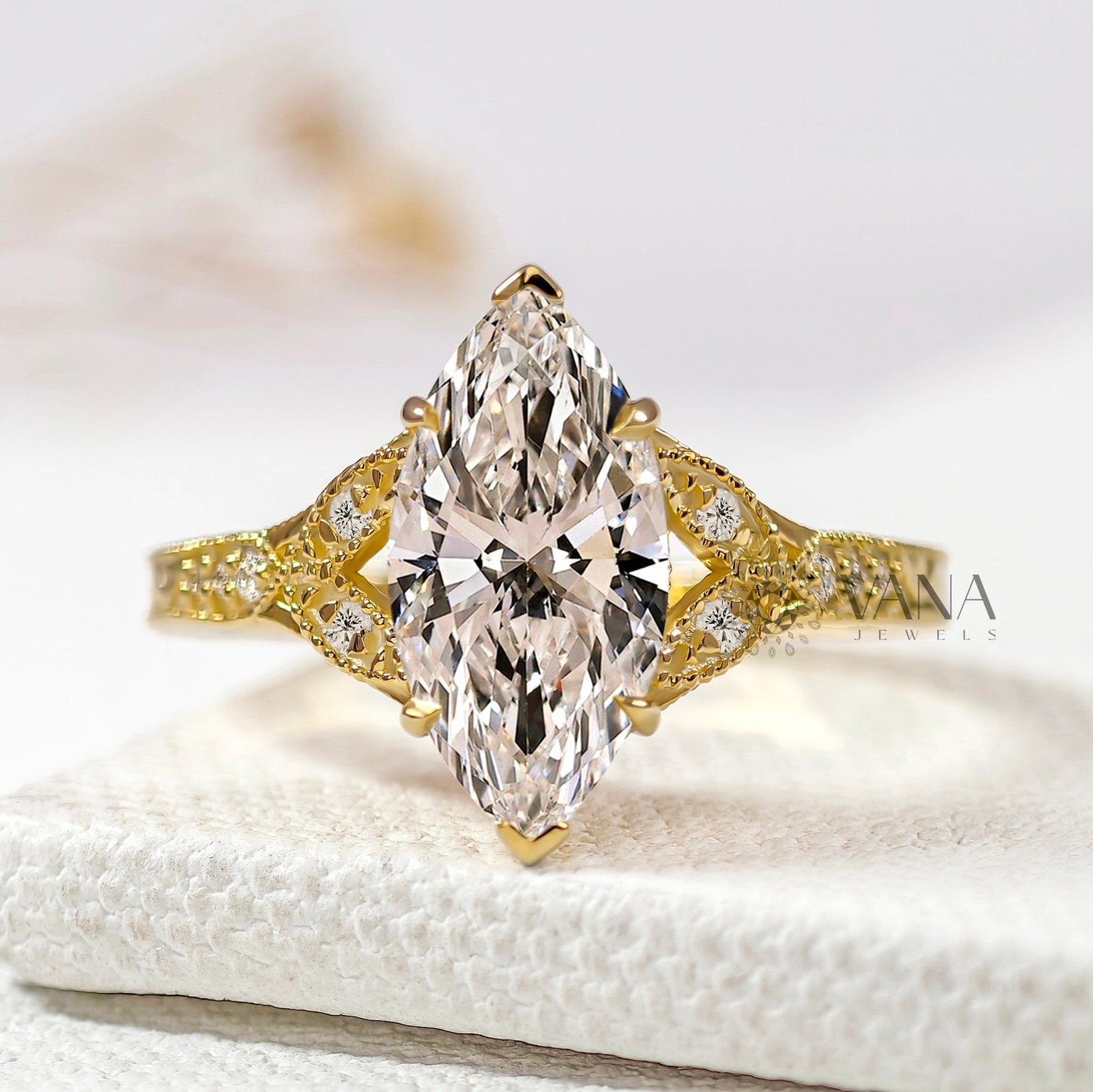 Marquise Cut Lab-Grown Diamond Engagement Ring, Yellow Gold Art Deco Cluster Setting