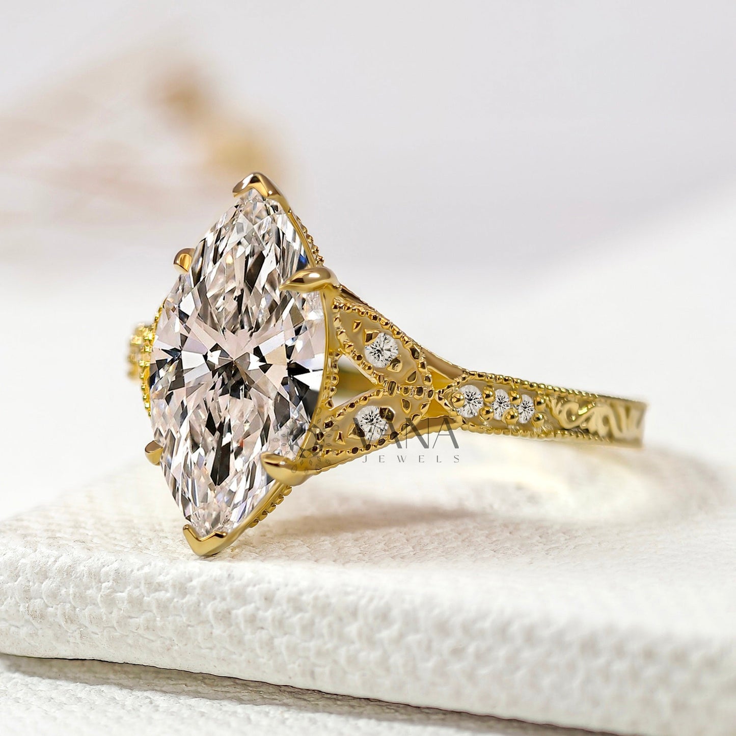 Marquise Cut Lab-Grown Diamond Engagement Ring, Yellow Gold Art Deco Cluster Setting