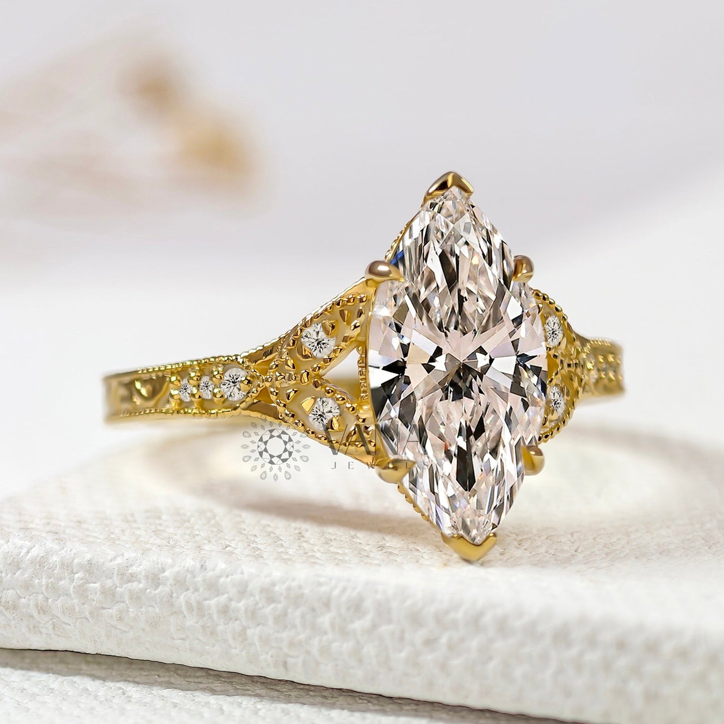 Marquise Cut Lab-Grown Diamond Engagement Ring, Yellow Gold Art Deco Cluster Setting