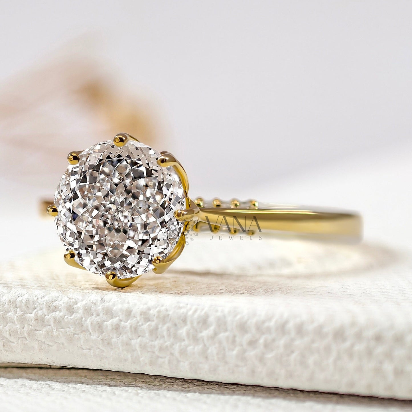 Antique Portuguese Cut Lab-Grown Diamond Engagement Ring, Tulip Basket Cathedral Setting