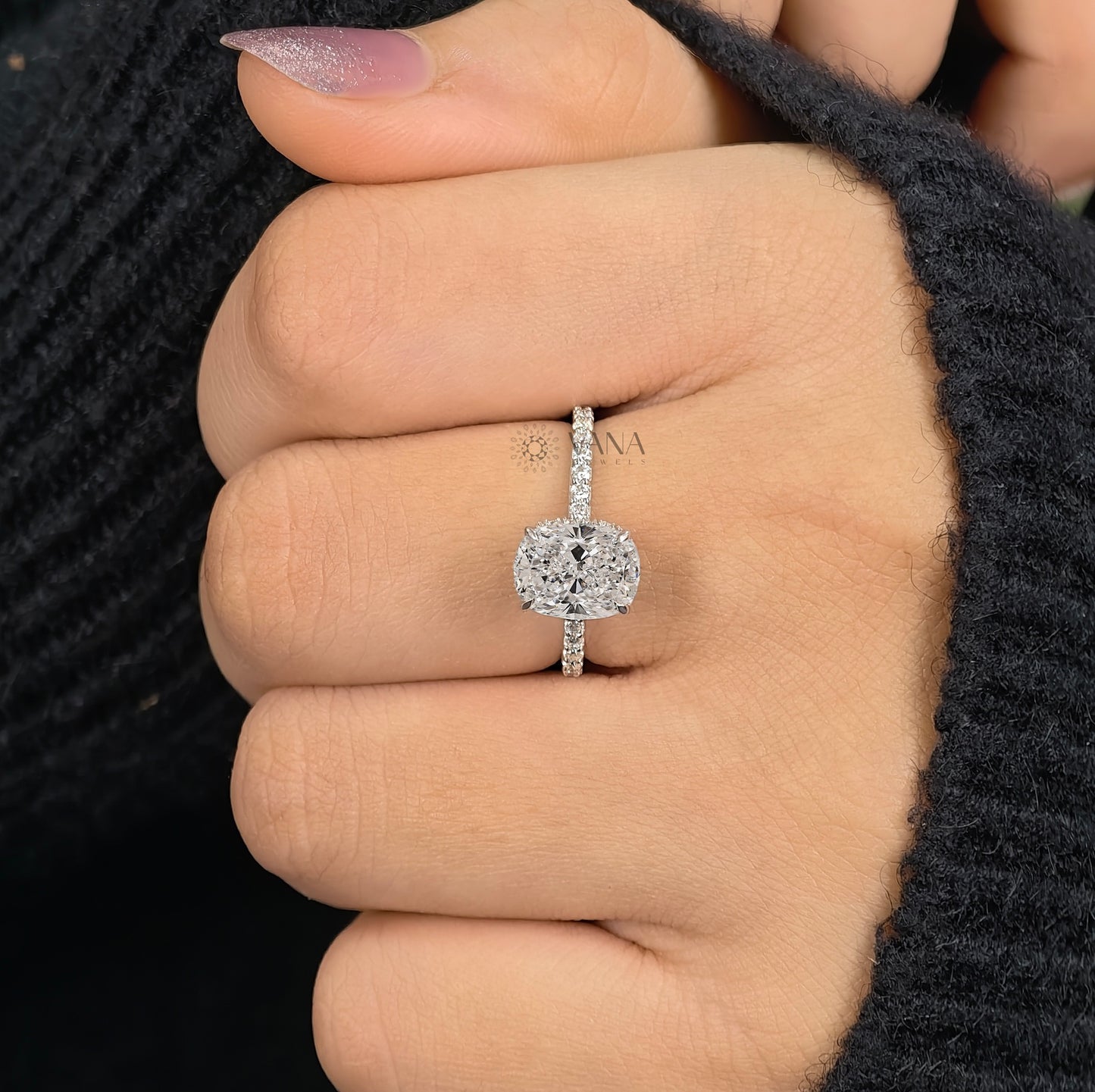 Elongated Cushion Cut Lab-Grown Diamond Engagement Ring with Hidden Halo