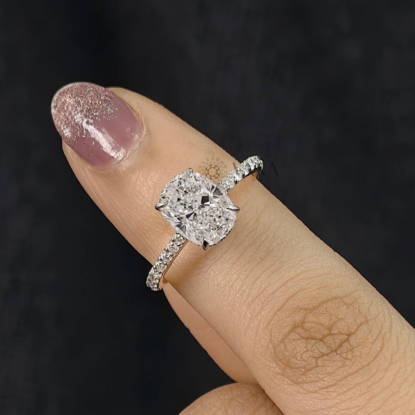 Elongated Cushion Cut Lab-Grown Diamond Engagement Ring with Hidden Halo