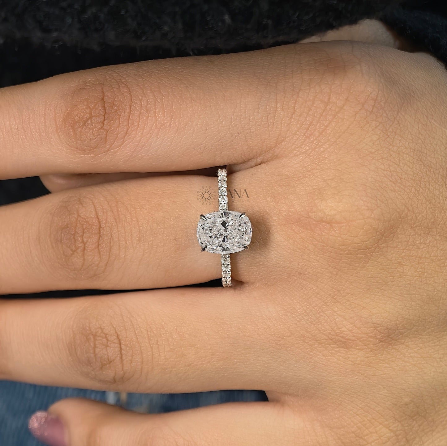 Elongated Cushion Cut Lab-Grown Diamond Engagement Ring with Hidden Halo