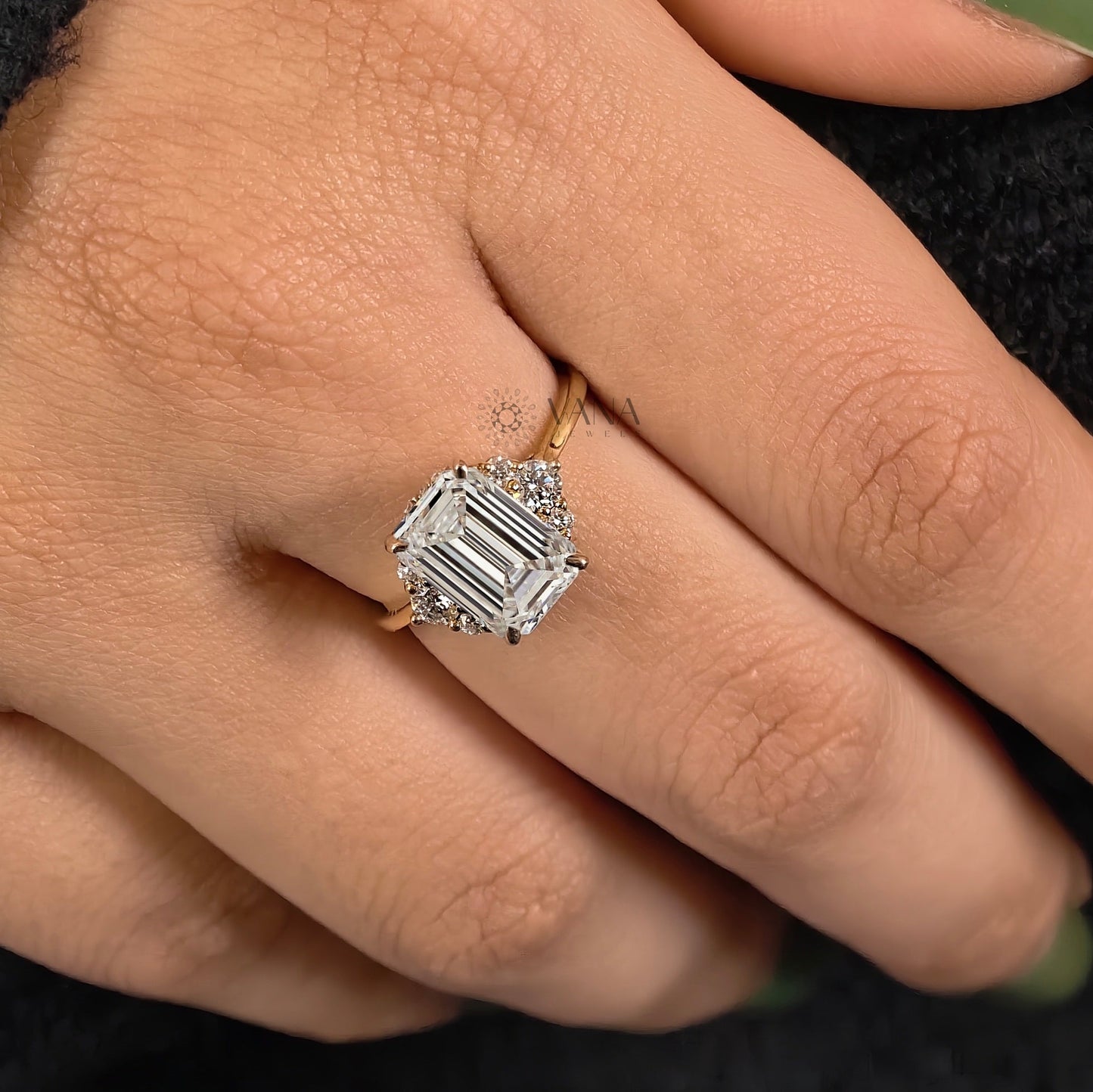 Emerald Cut Lab-Grown Diamond Engagement Ring, Seven Stone Cluster Ring