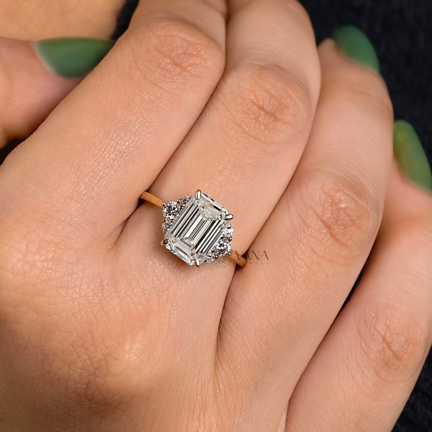 Emerald Cut Lab-Grown Diamond Engagement Ring, Seven Stone Cluster Ring