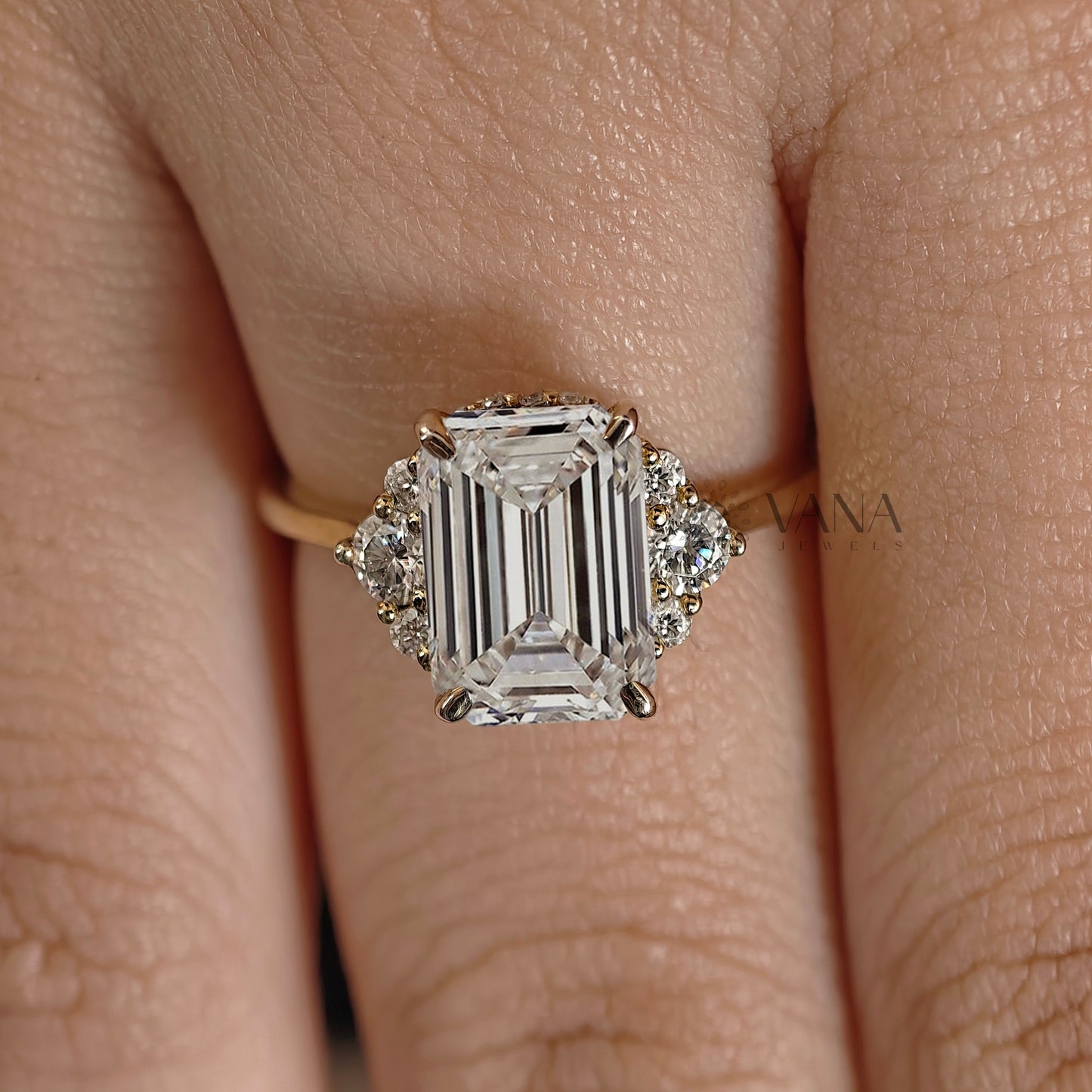 Emerald Cut Lab-Grown Diamond Engagement Ring, Seven Stone Cluster Ring