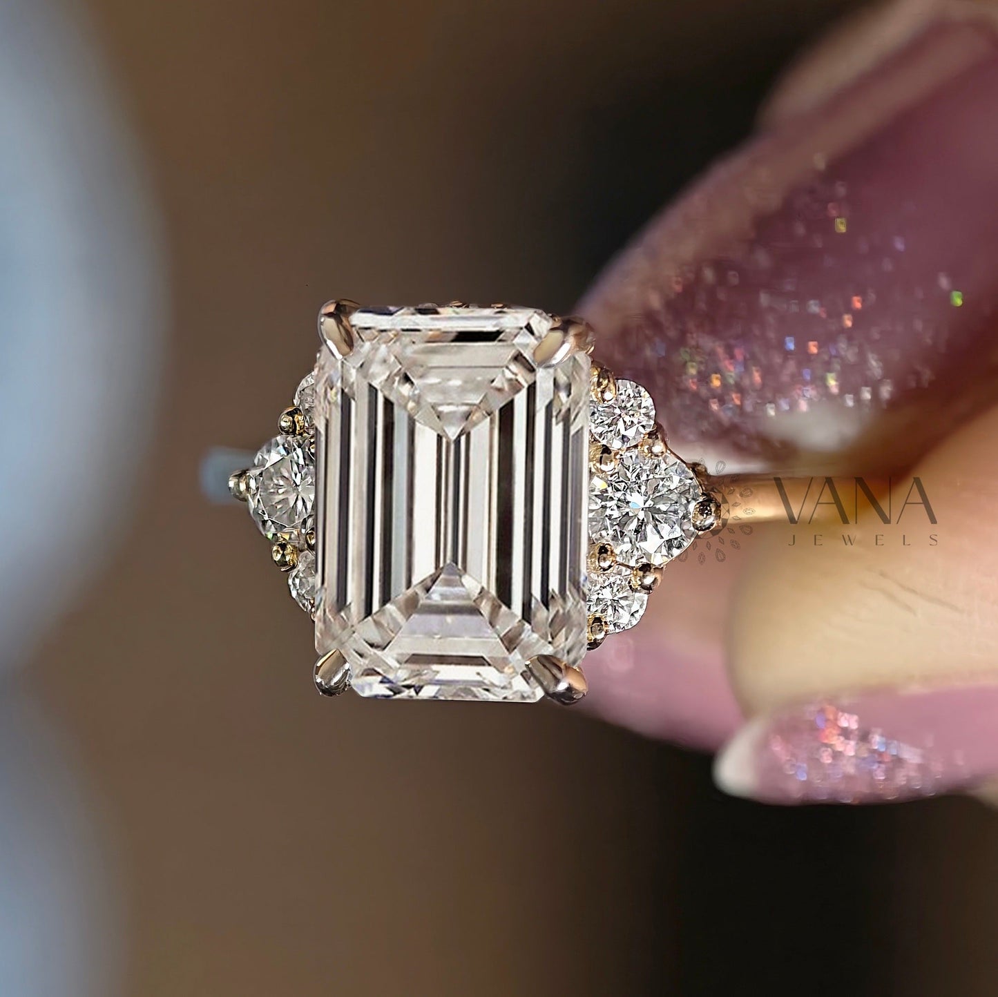 Emerald Cut Lab-Grown Diamond Engagement Ring, Seven Stone Cluster Ring