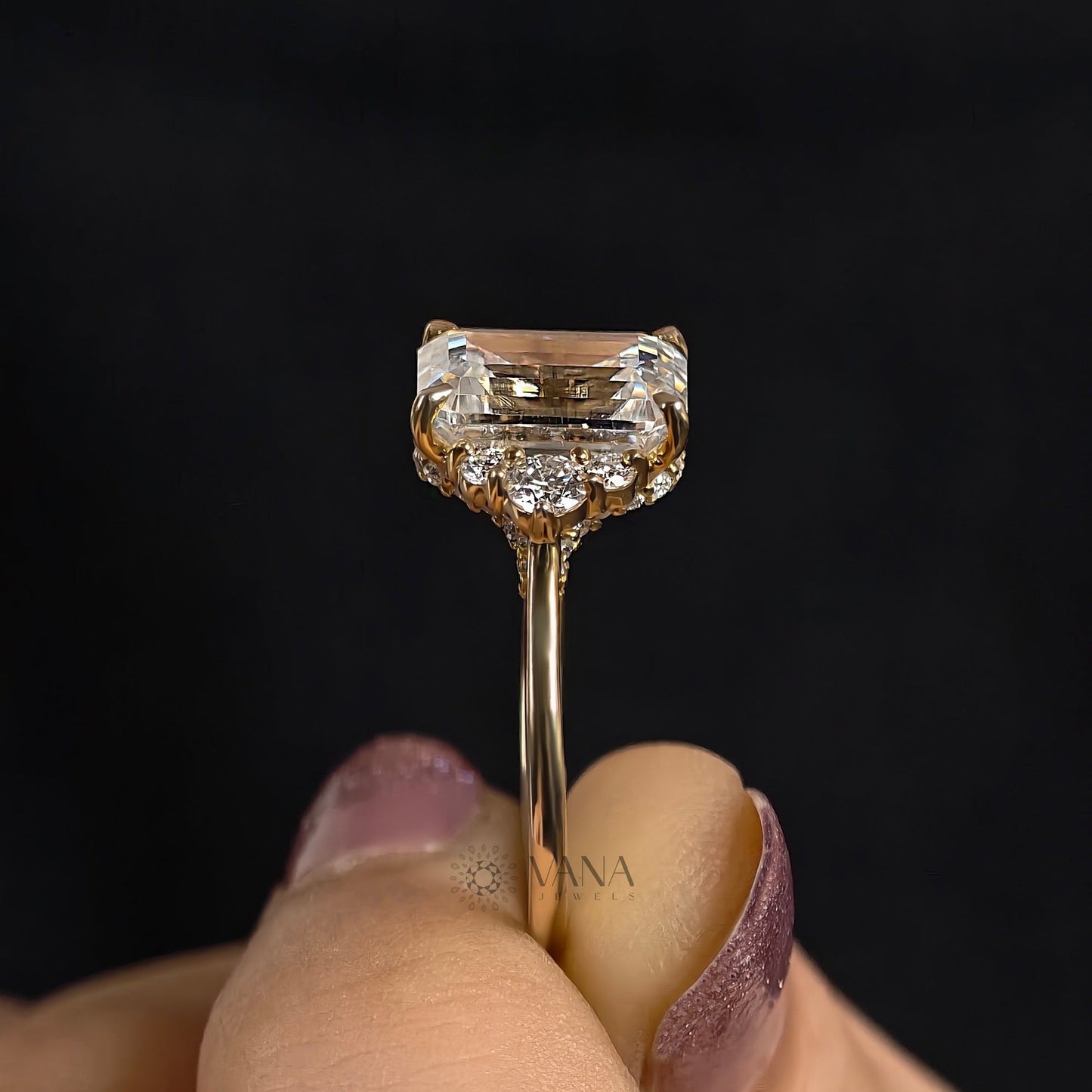 Emerald Cut Lab-Grown Diamond Engagement Ring, Seven Stone Cluster Ring