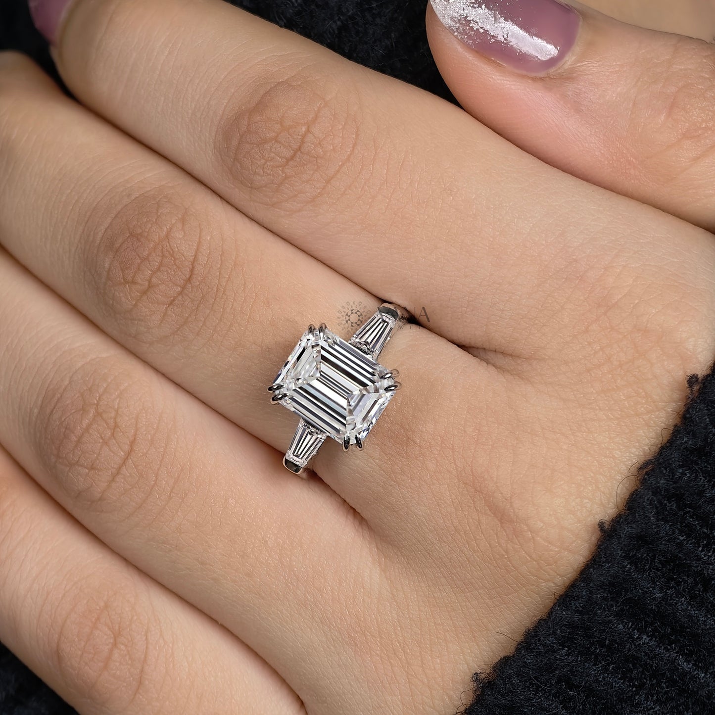 Three Stone Lab-Grown Diamond Engagement Ring with Emerald Cut Center & Tapered Baguette Side