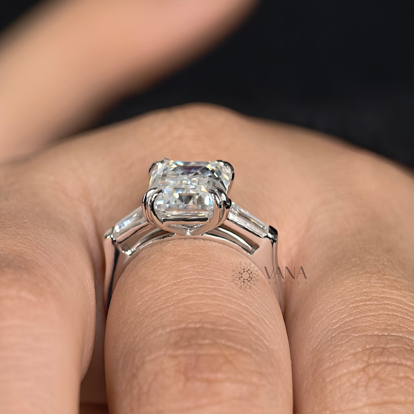 Three Stone Lab-Grown Diamond Engagement Ring with Emerald Cut Center & Tapered Baguette Side